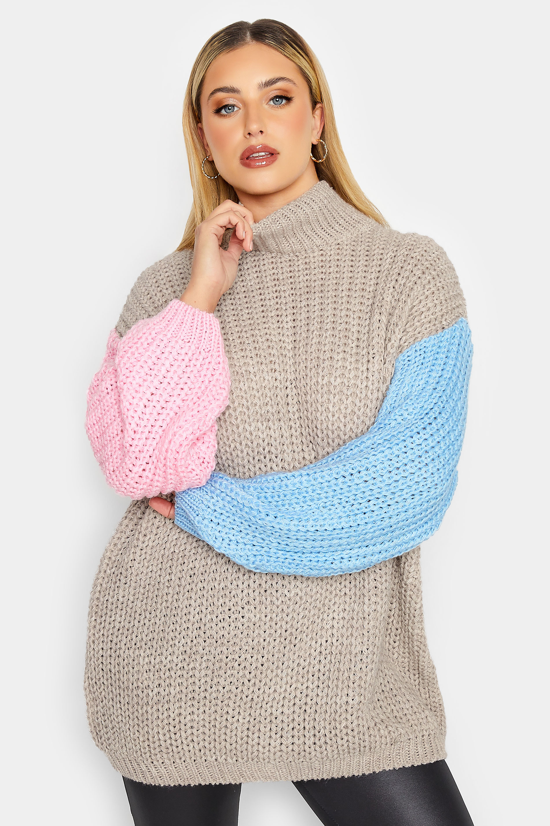 YOURS LUXURY Plus Size Pink & Blue Colour Block Sleeve Jumper | Yours Clothing 1