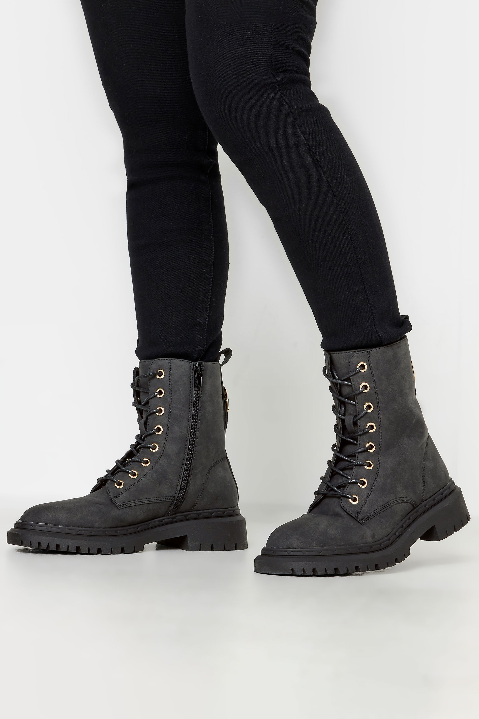 PixieGirl Black Chunky Lace Up Boots In Standard Fit | PixieGirl 1