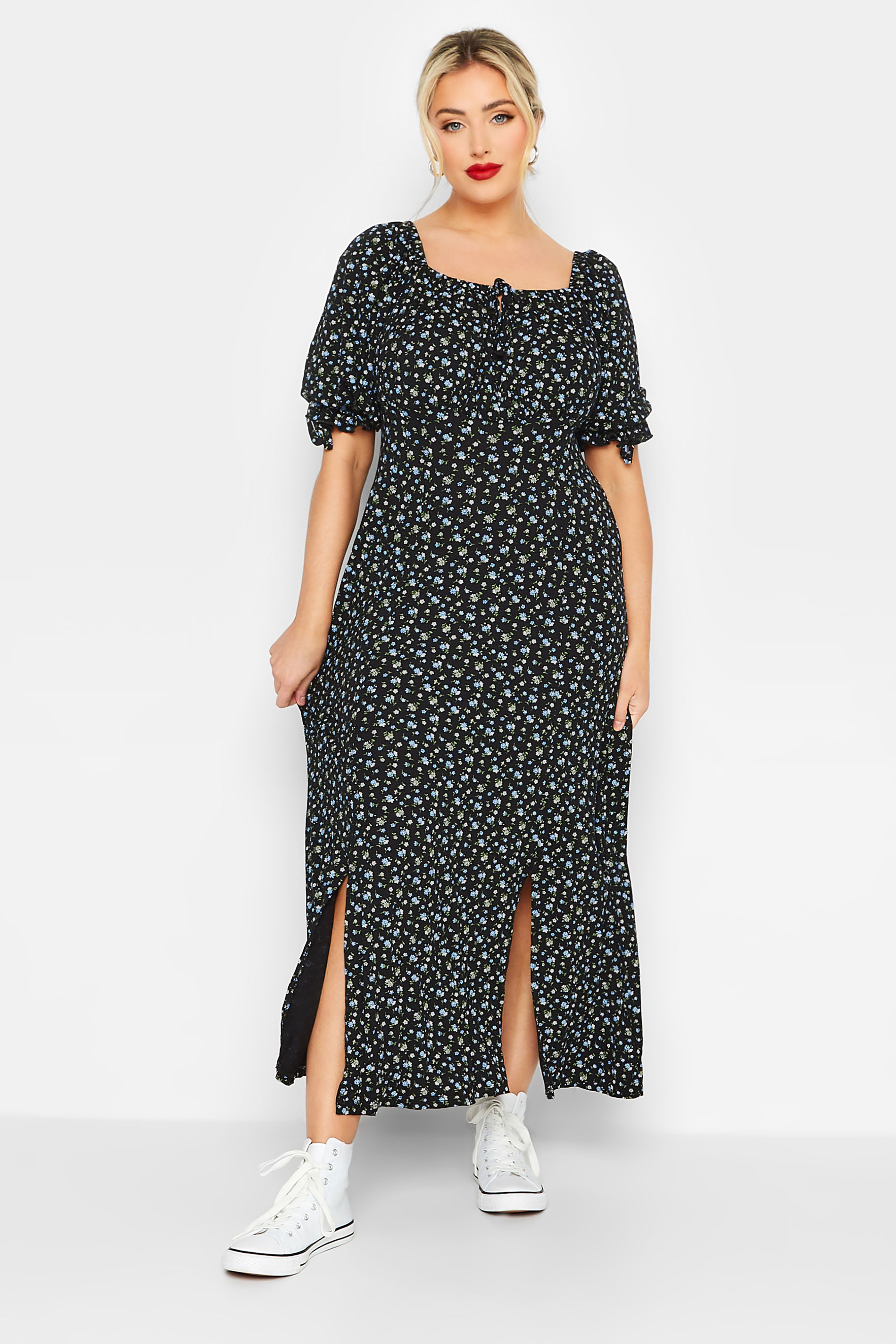 LIMITED COLLECTION Plus Size Black Floral Milkmaid Side Split Maxi Dress | Yours Clothing  2