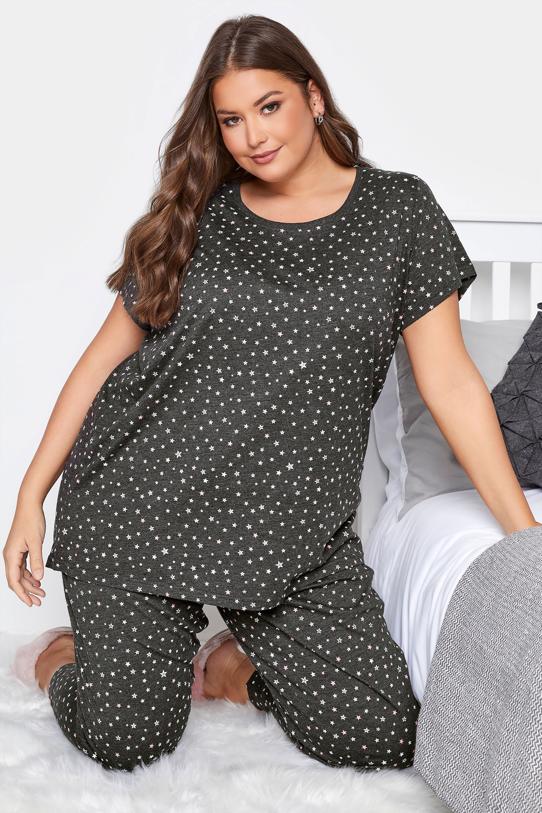 Plus Size Grey Star Print Dipped Hem Pyjama Top | Yours Clothing 1