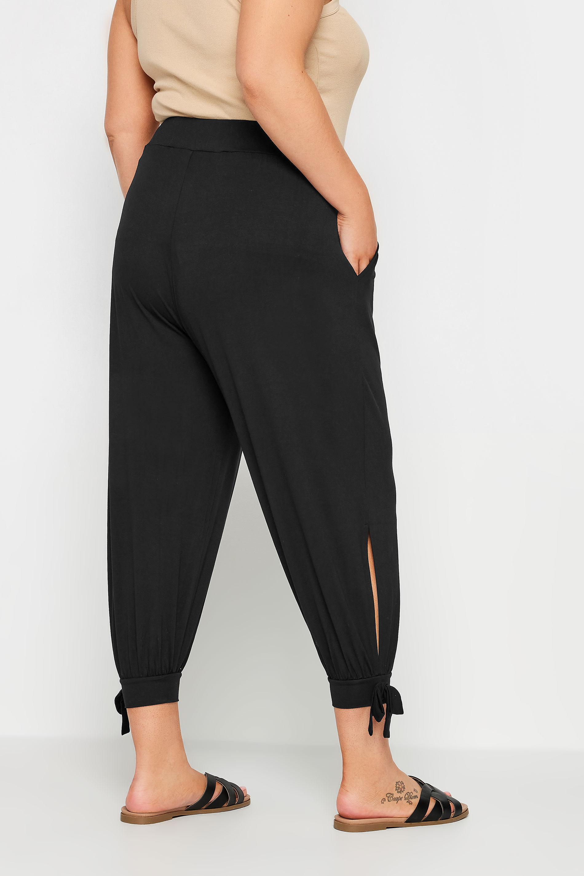 YOURS Plus Size Black Cropped Tie Detail Harem Trousers | Yours Clothing 3