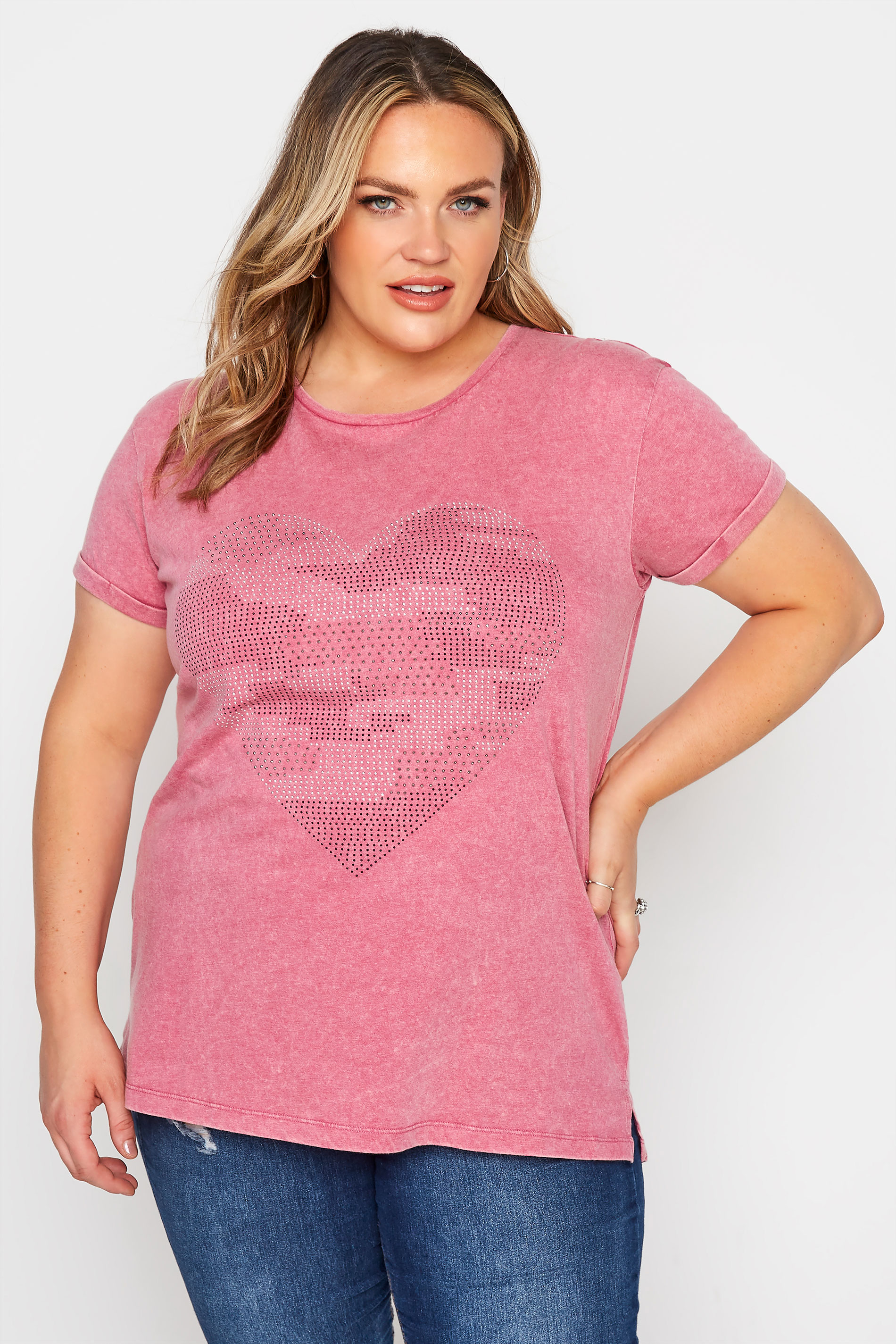Grande taille  Tops Grande taille  T-Shirts | T-Shirt Rose Coeur Clouté Ourlet Plongeant - ZK10977