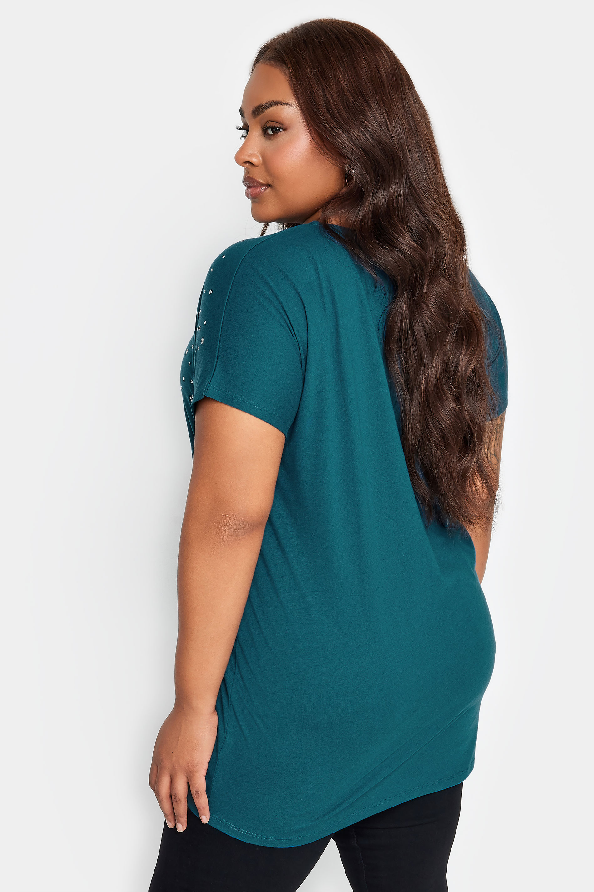 YOURS Plus Size Teal Blue Embellished Front T-Shirt | Yours Clothing 3