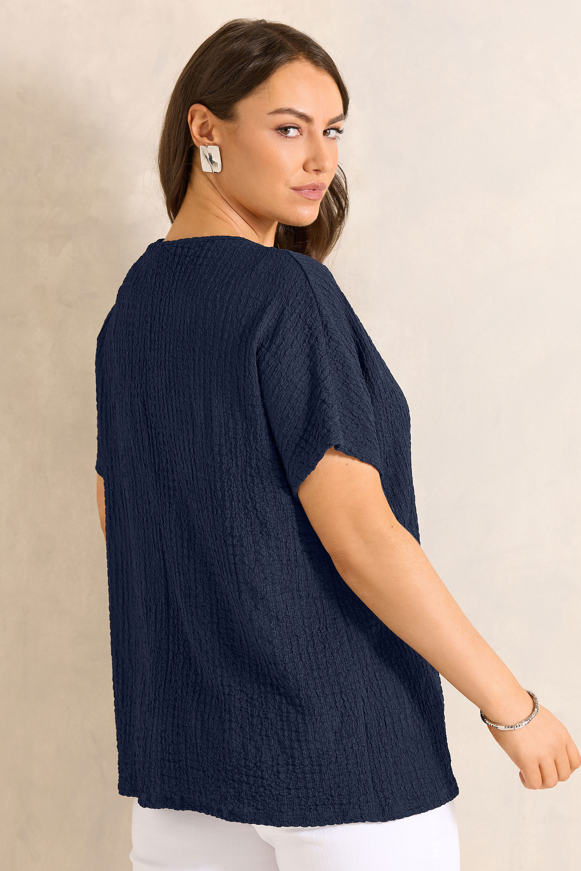 EVANS Curve Navy Blue Grown On Sleeve Textured Top | Evans 2