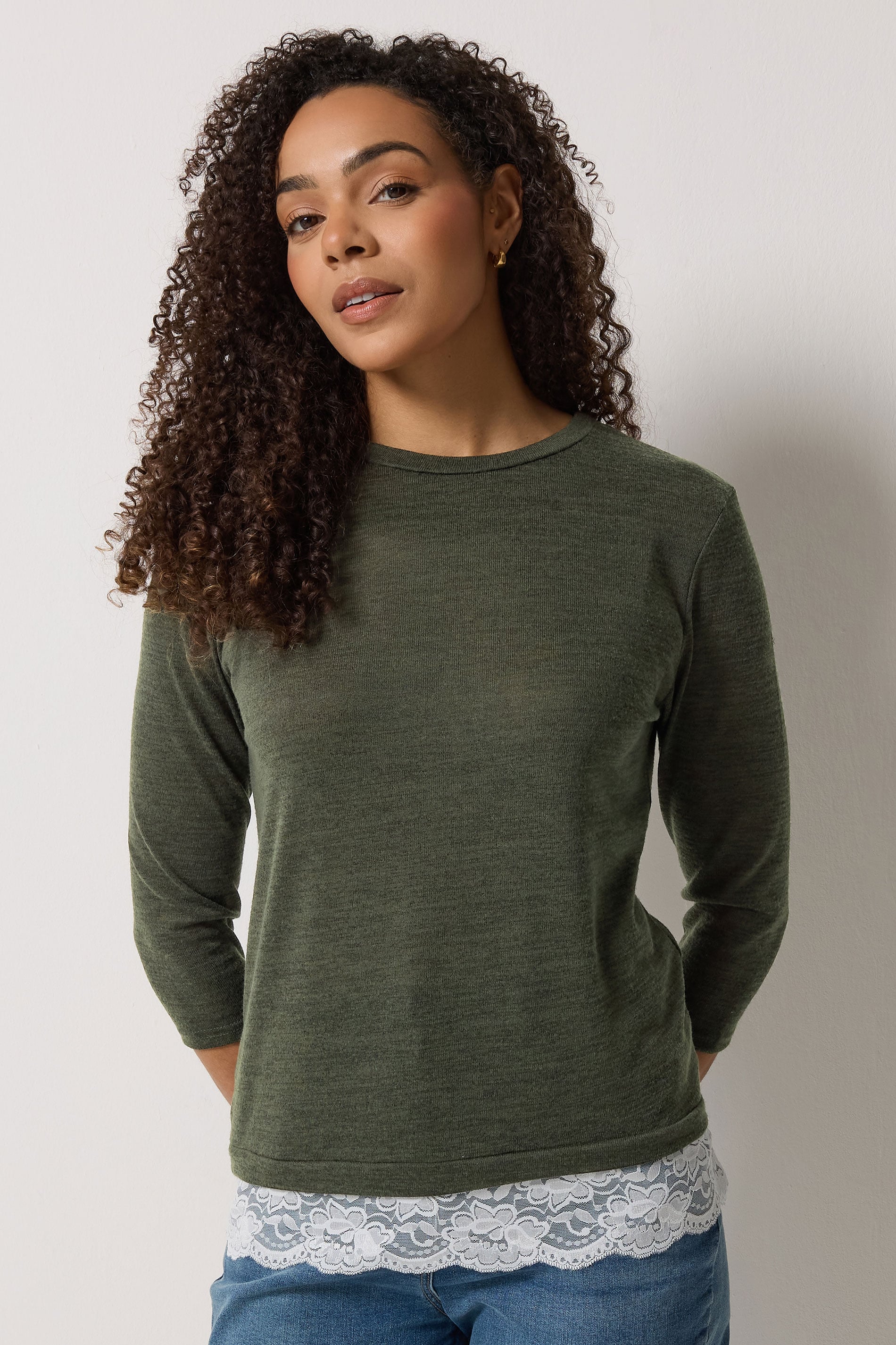 M&Co Khaki Green Lace Hem Top | M&Co 3