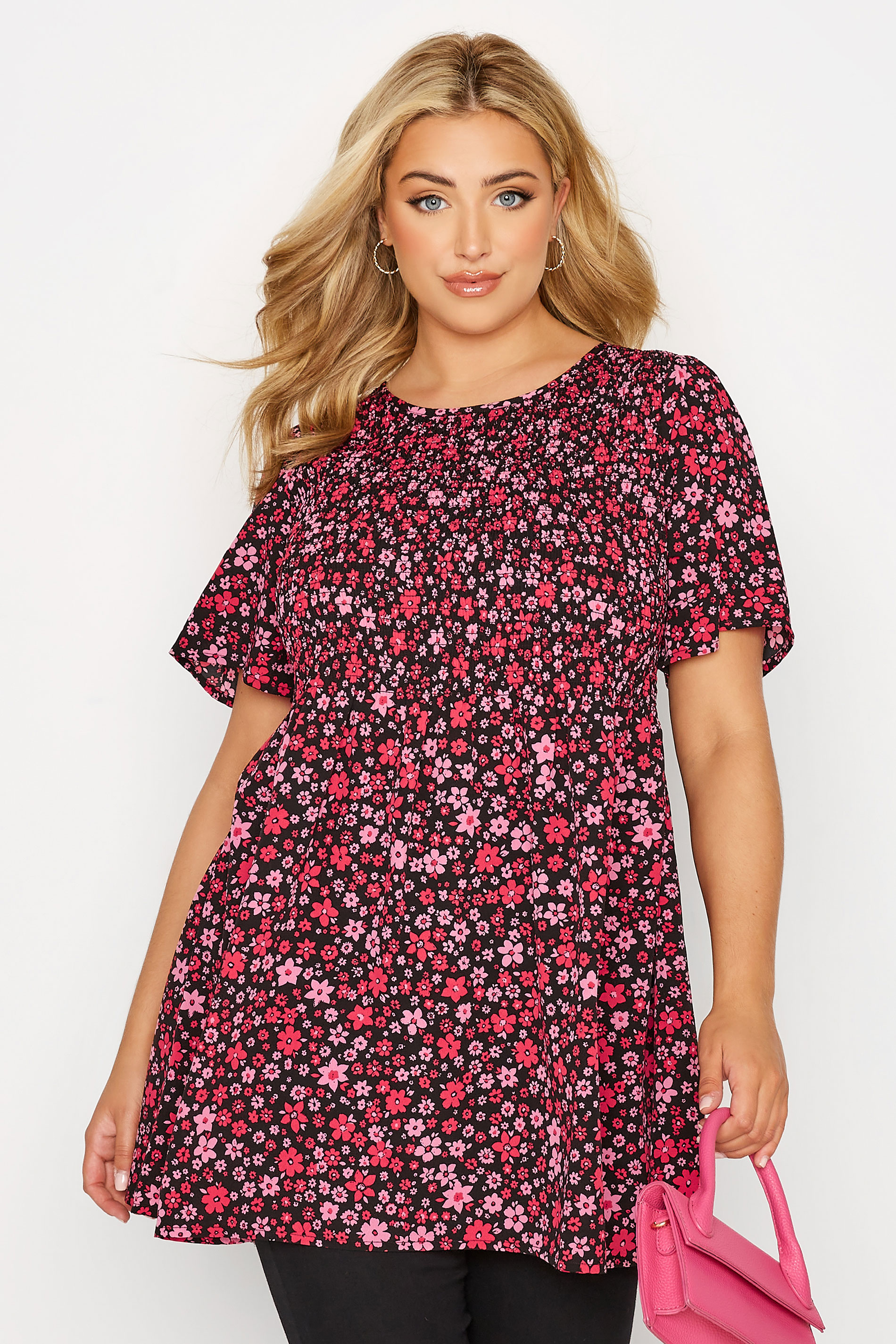 Plus Size Pink Ditsy Floral Shirred Top | Yours Clothing 1