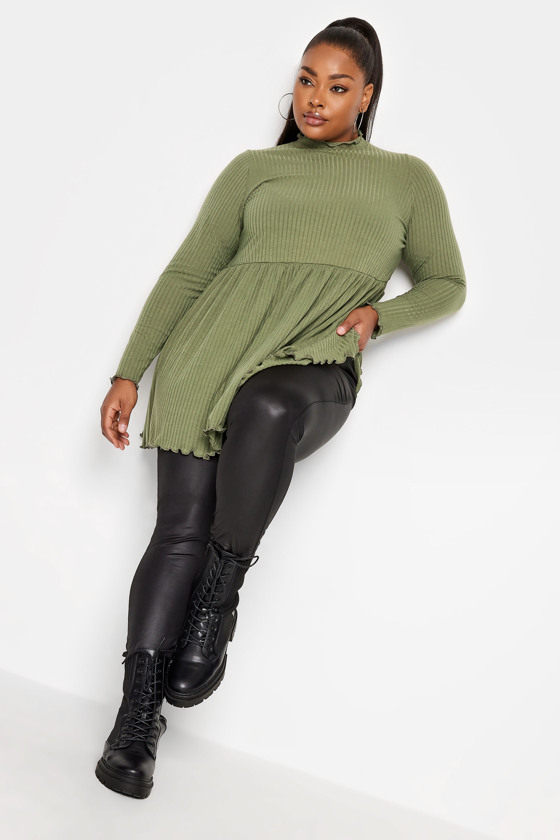 LIMITED COLLECTION Plus Size Khaki Green Peplum Lettuce Hem Top | Yours Clothing   3