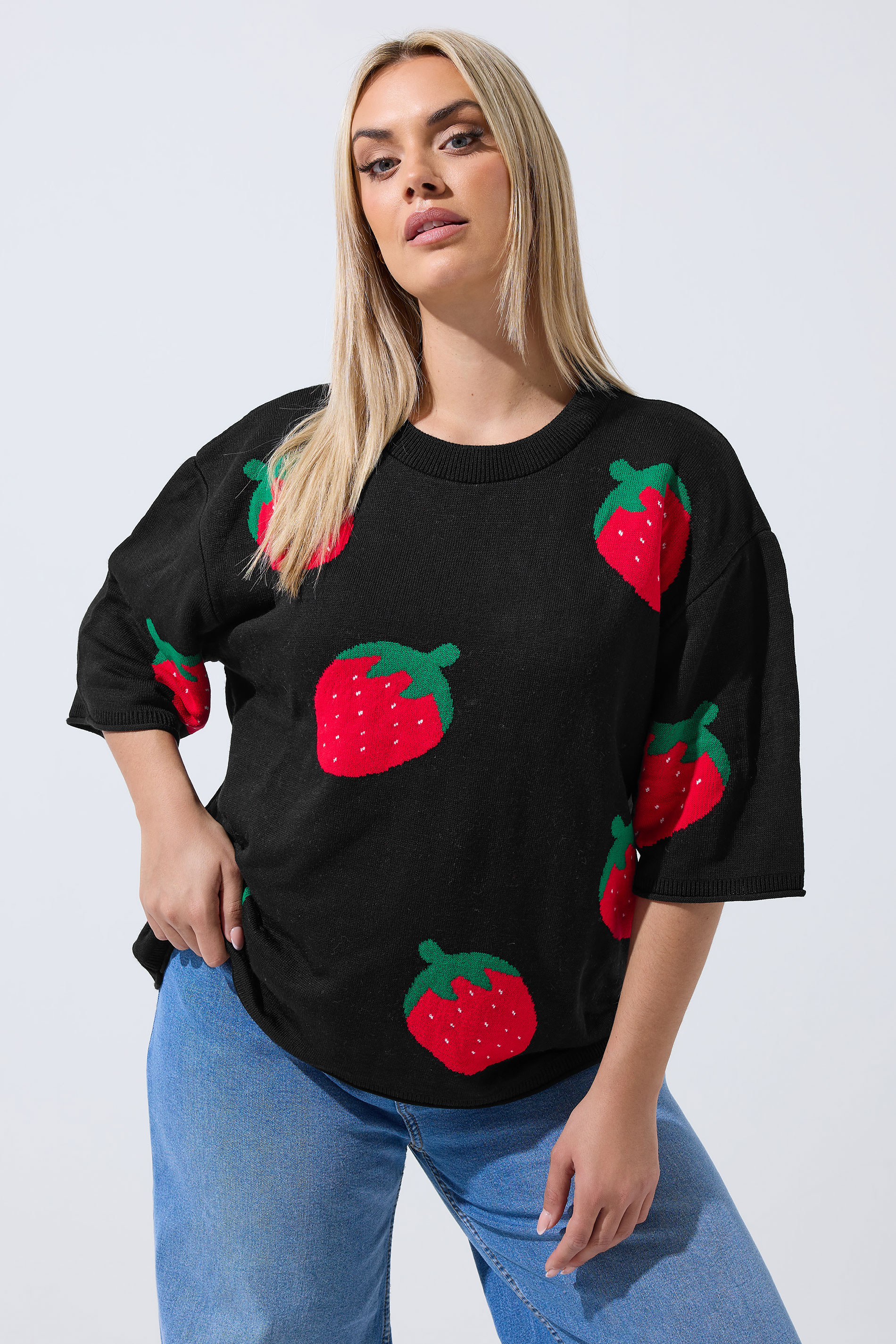 LIMITED COLLECTION Plus Size Black Strawberry Knitted Boxy Top | Yours Clothing 1