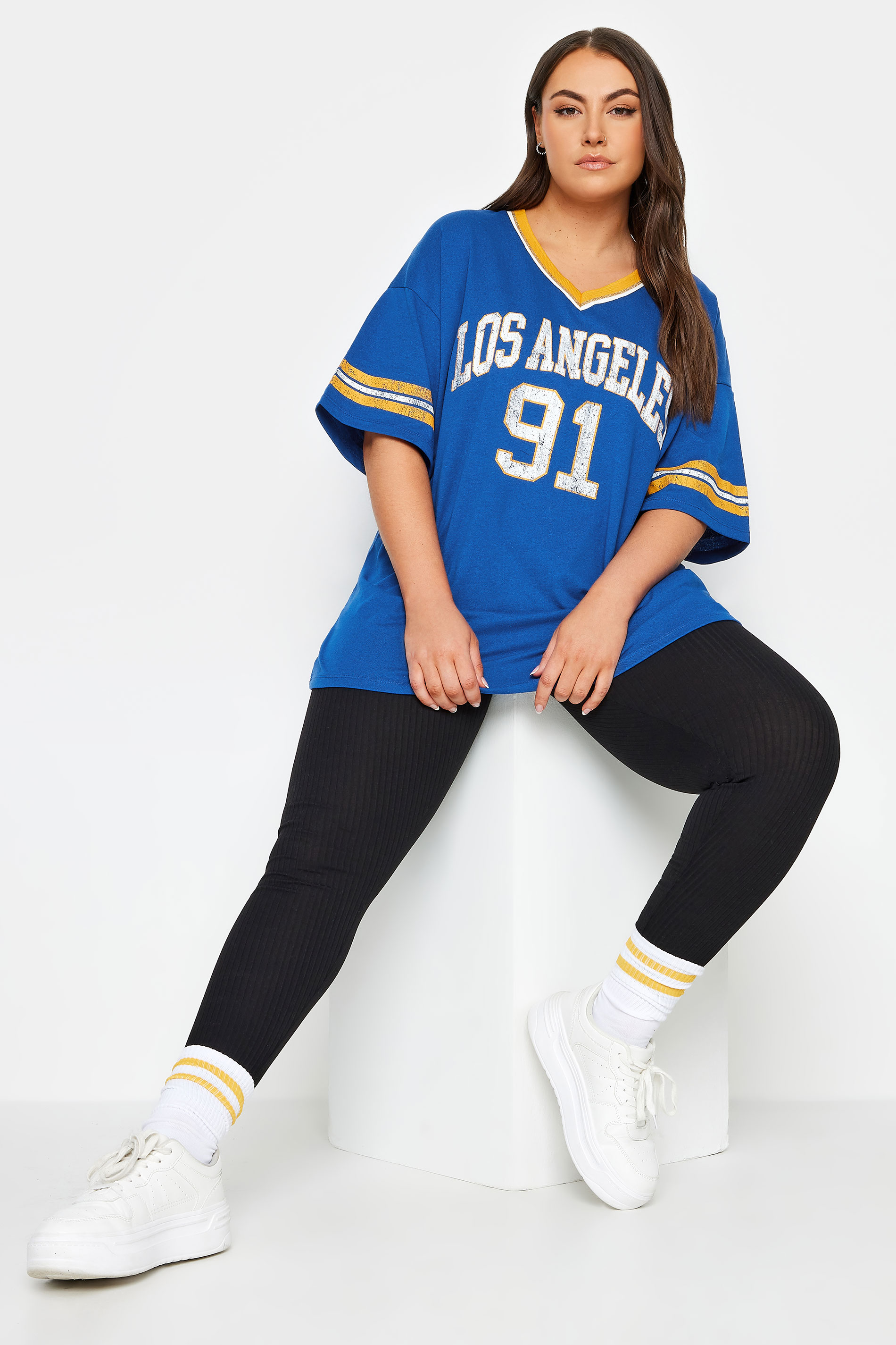 YOURS Plus Size Blue 'Los Angeles' Slogan Varsity T-Shirt | Yours Clothing 2