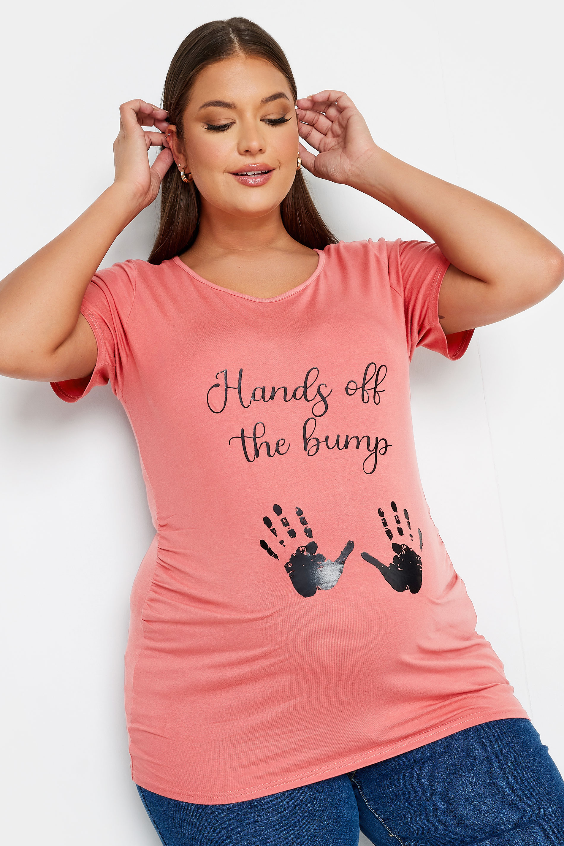 BUMP IT UP MATERNITY Plus Size Pink 'Hands Off The Bump' Slogan T-shirt | Yours Clothing 1