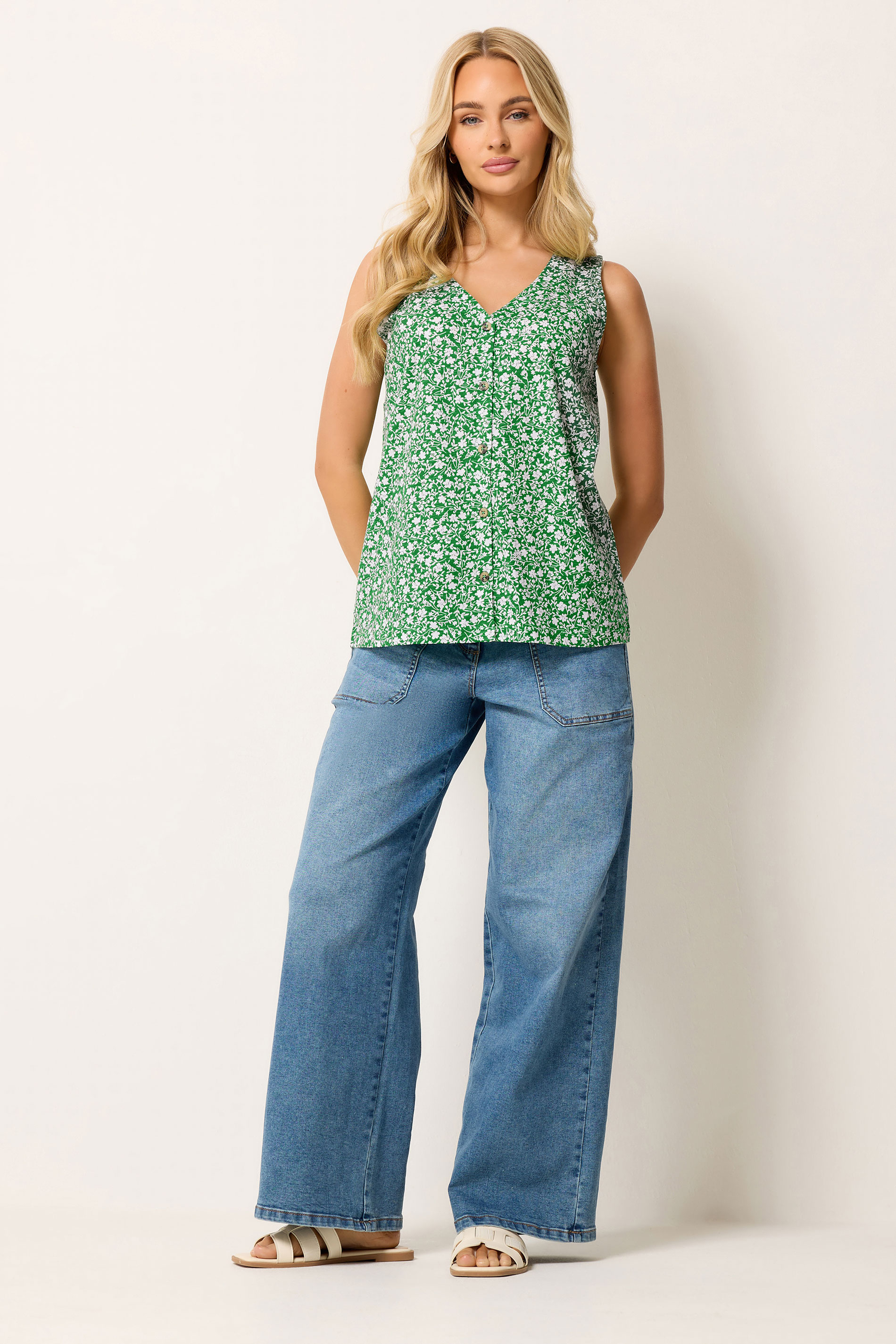 M&Co Green Floral Print Cotton Button Vest Top | M&Co 1