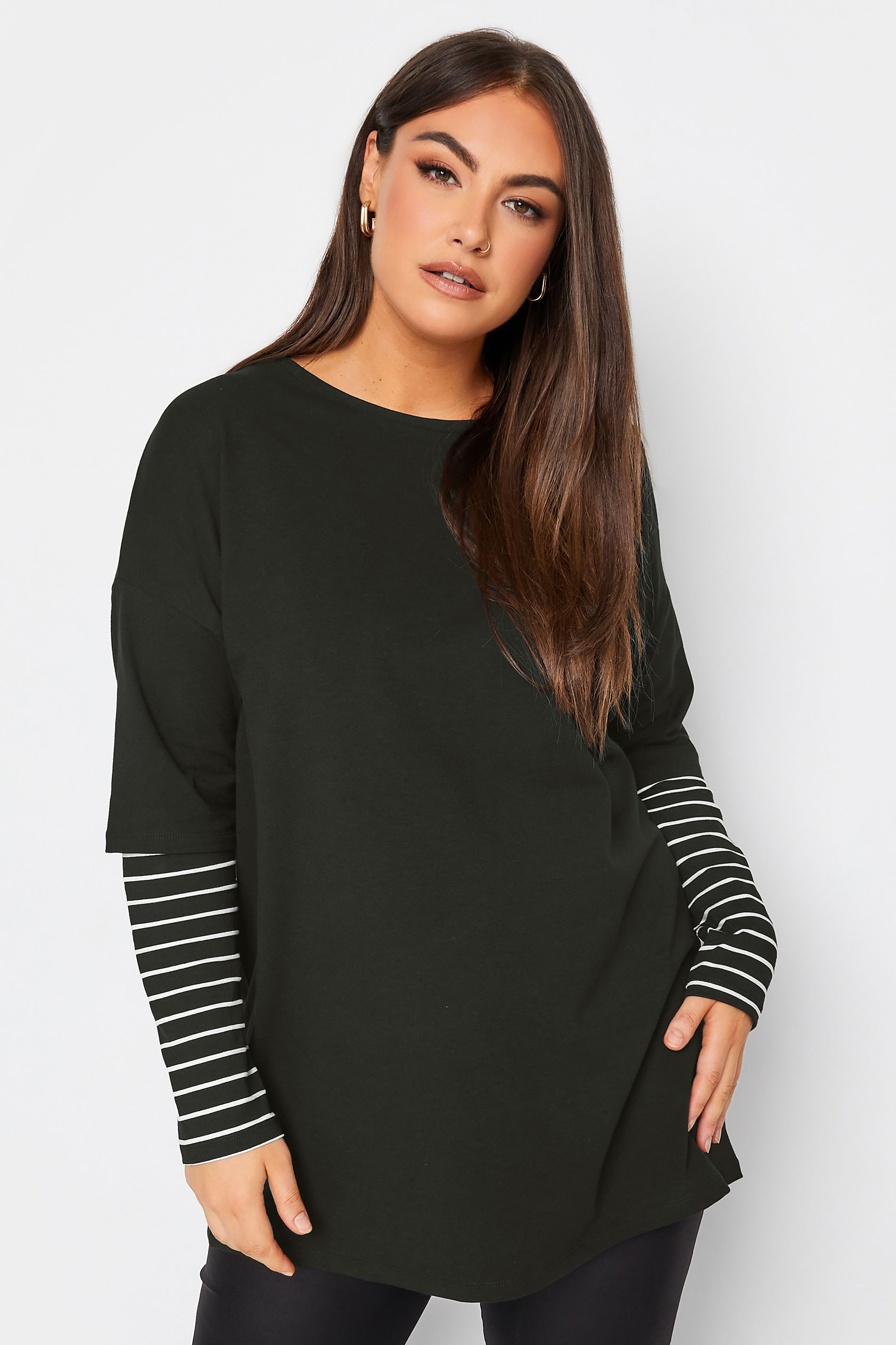 YOURS Plus Size Black Stripe Sleeve Double Layer T-Shirt | Yours Clothing 1