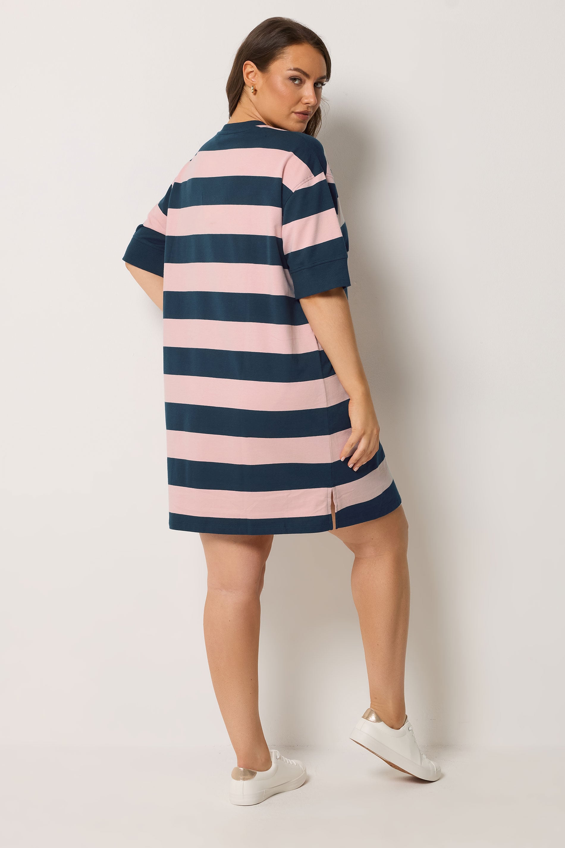YOURS Plus Size Navy Blue & Pink Stripe T-Shirt Dress | Yours Clothing 2