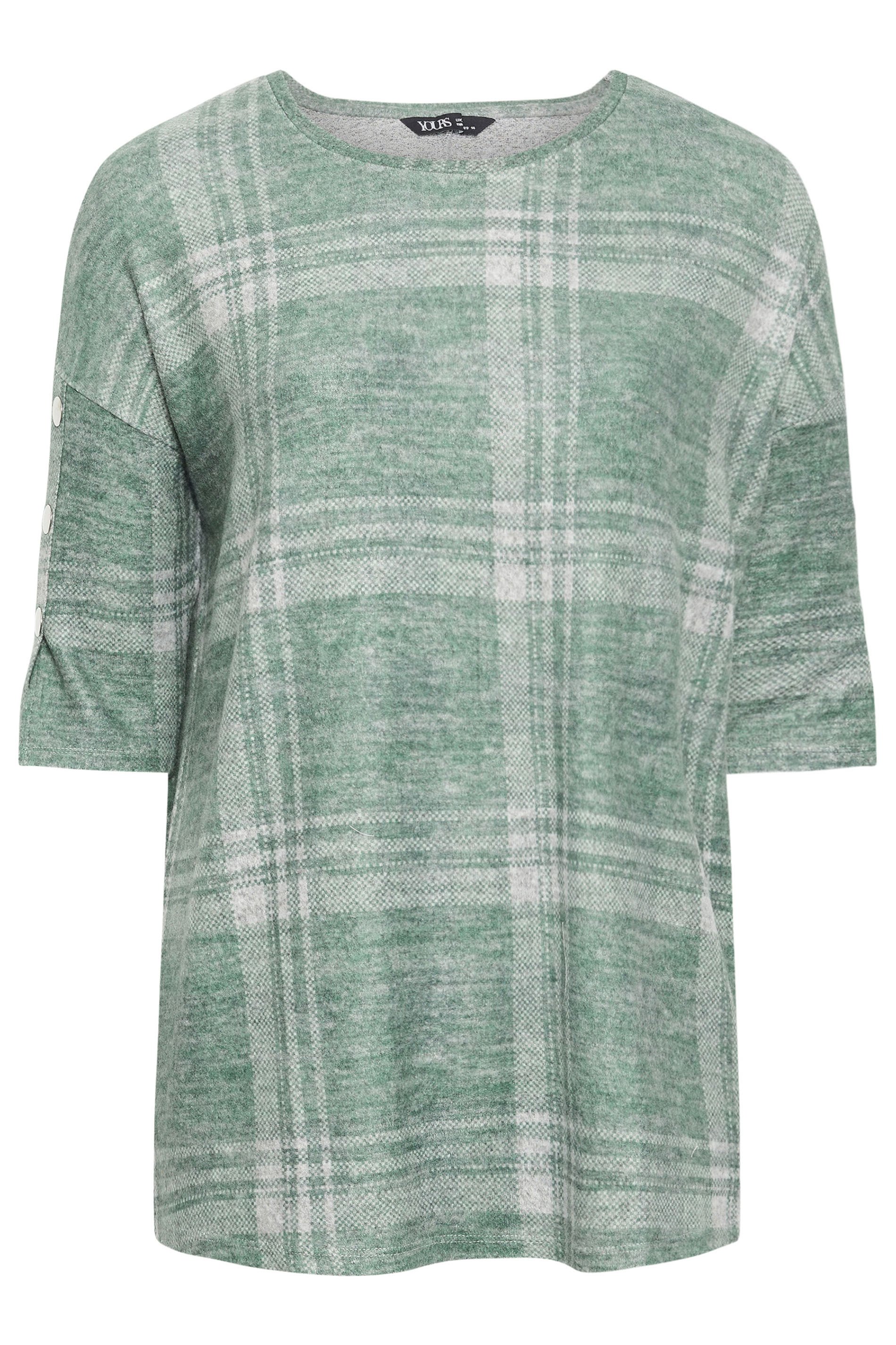 YOURS Plus Size Green Check Soft Touch Button Detail Top | Yours Clothing