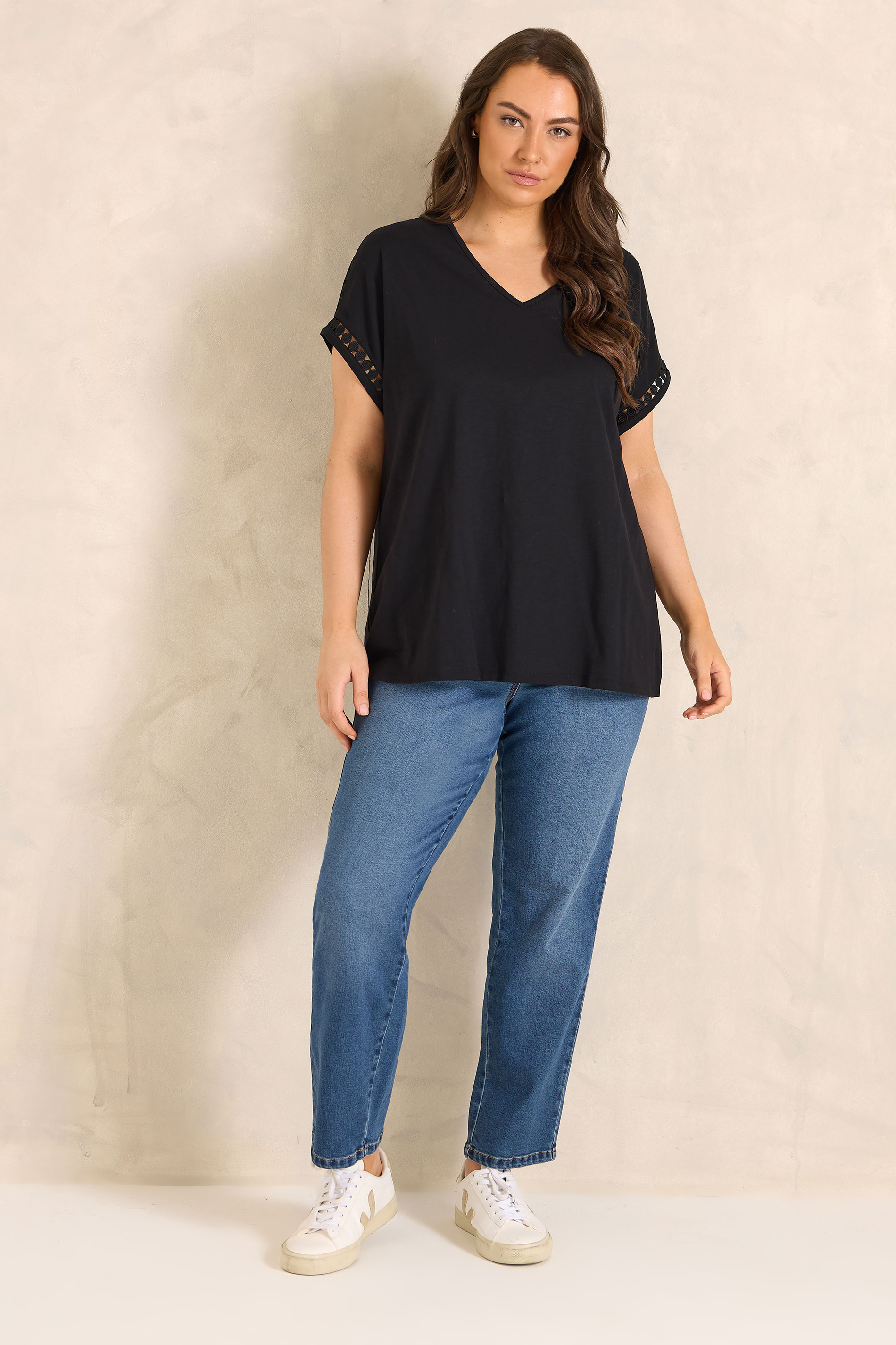 EVANS Plus Size Black Crochet Trim T-Shirt | Evans  2