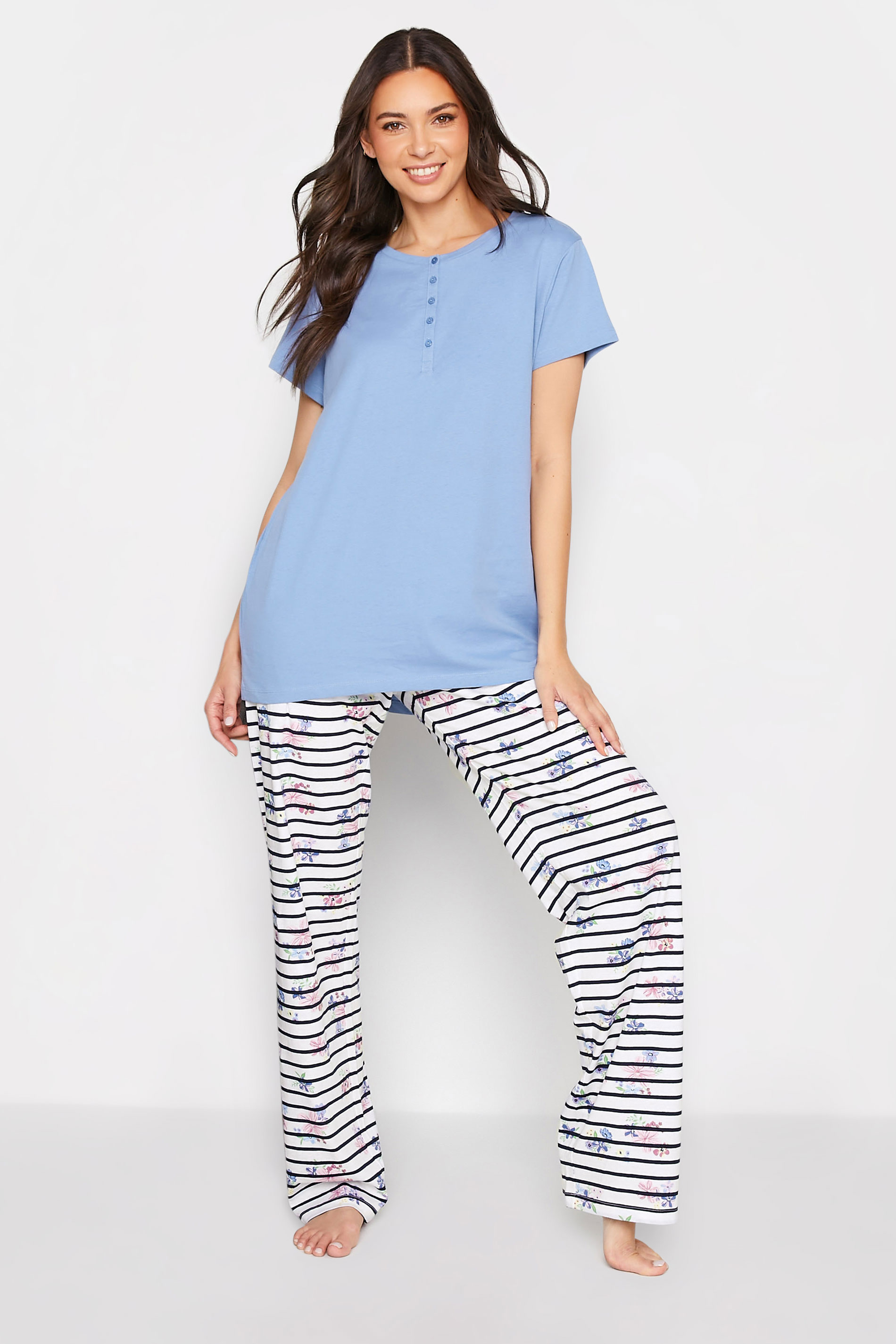 LTS Tall Women's Blue Button Placket Cotton Pyjama Top | Long Tall Sally  1