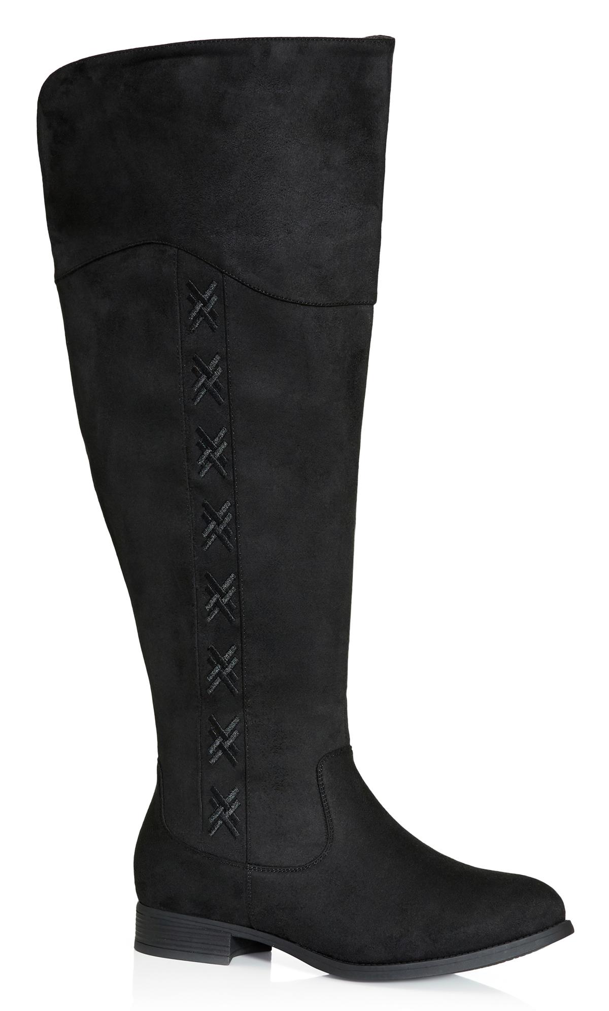 Evans EXTRA WIDE Black Embroided Knee High Boots 1