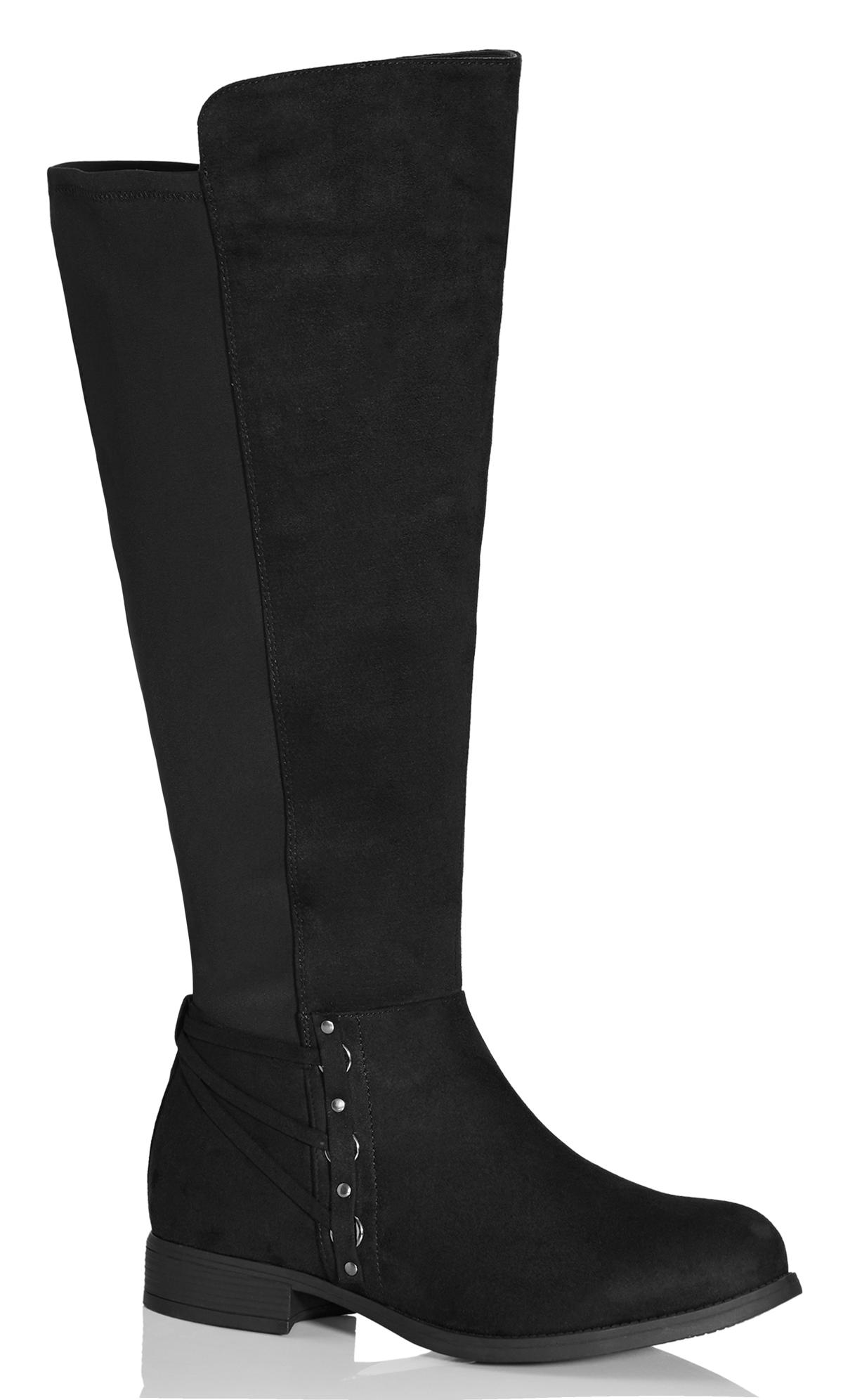 Evans WIDE FIT Black Strapping & Hoop Knee High Boots 1
