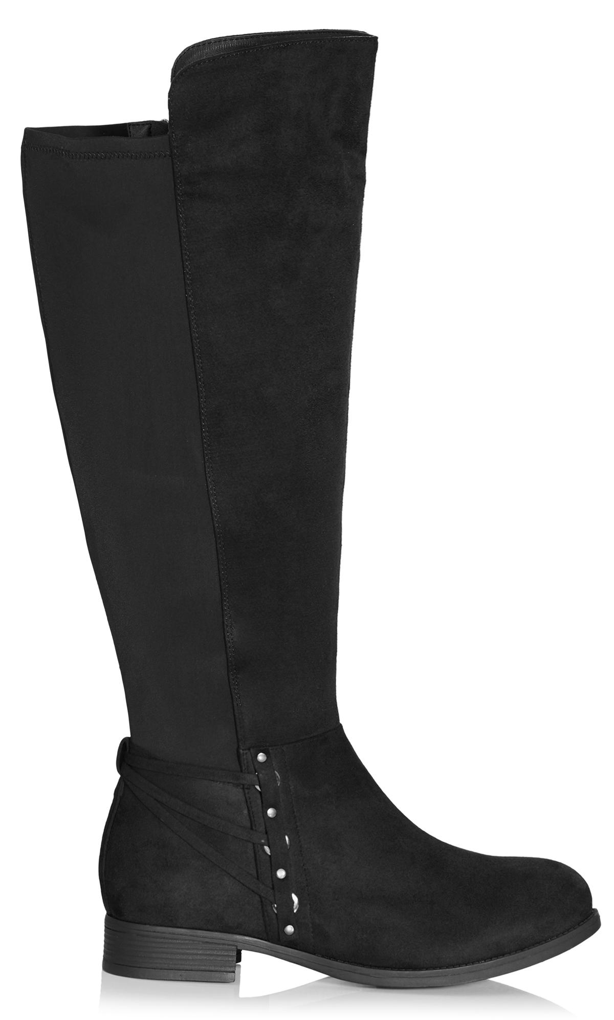Evans WIDE FIT Black Strapping & Hoop Knee High Boots 2