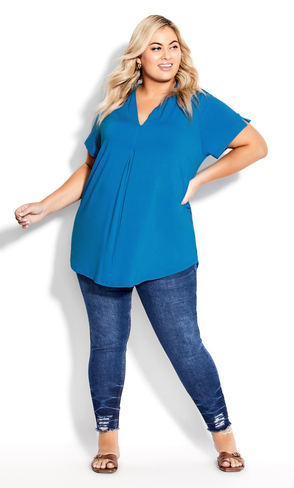 Evans Blue Pleated Front Dipped Hem Top 1