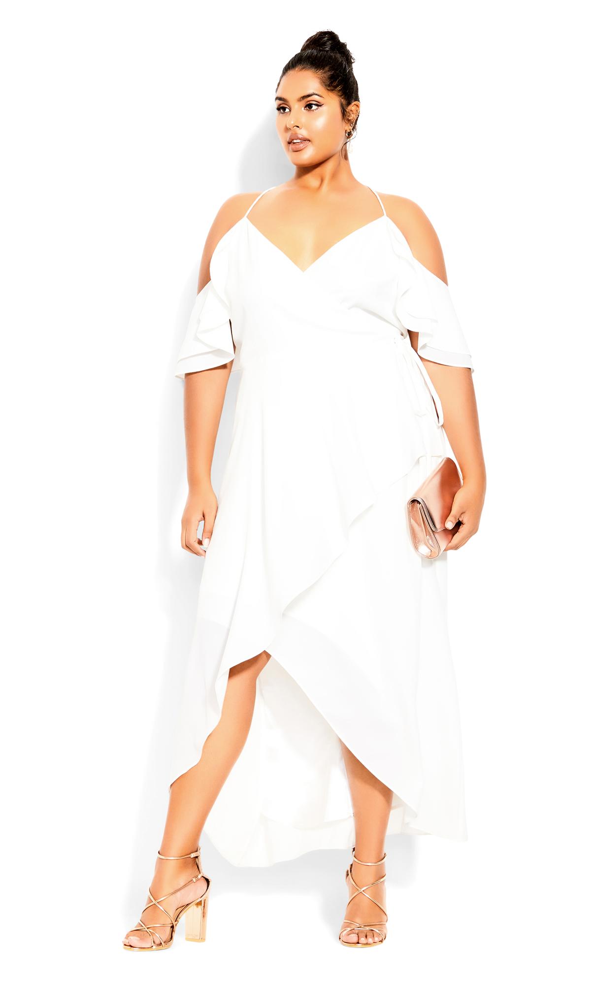 Elegant Ivory White Flutter Sleeve Faux Wrap Maxi Dress 1
