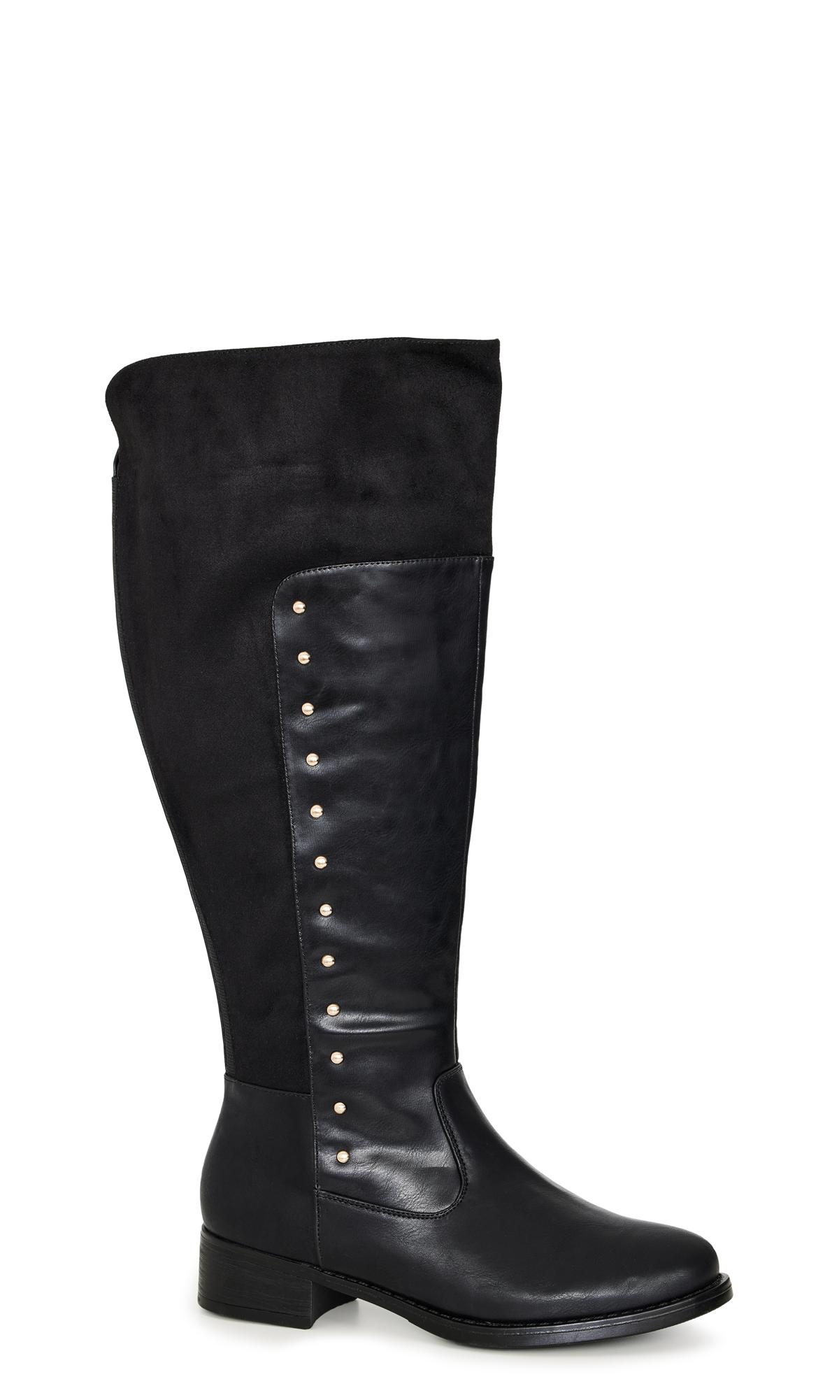 Evans WIDE FIT Black Faux Leather Studded Knee High Boots 1