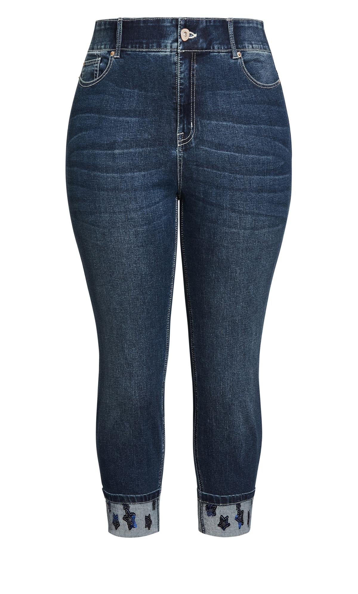 Evans Indigo Blue Denim Sequin Cuff Cropped Jeans 2