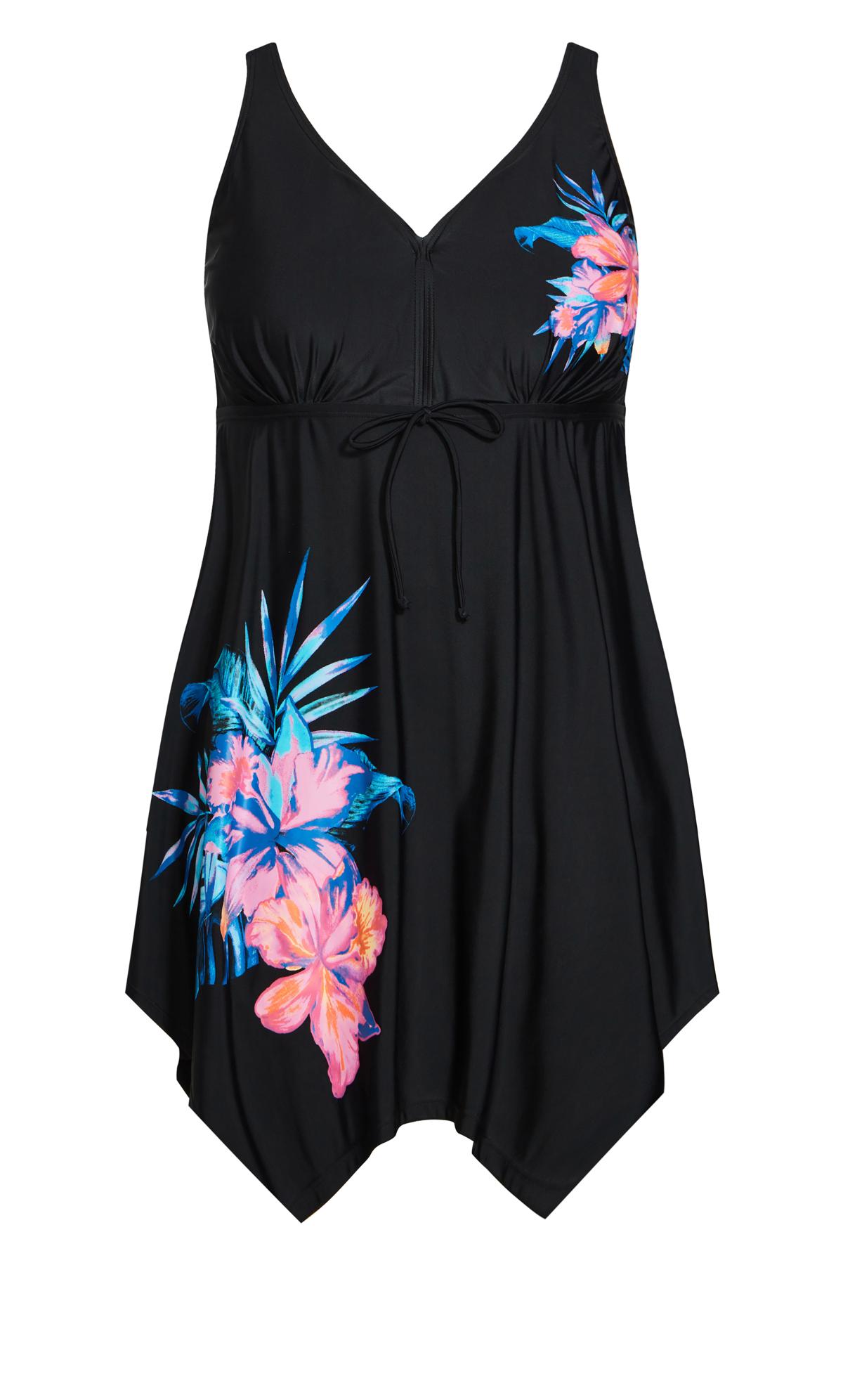 Evans Black Tropical Print Swim Dress 2