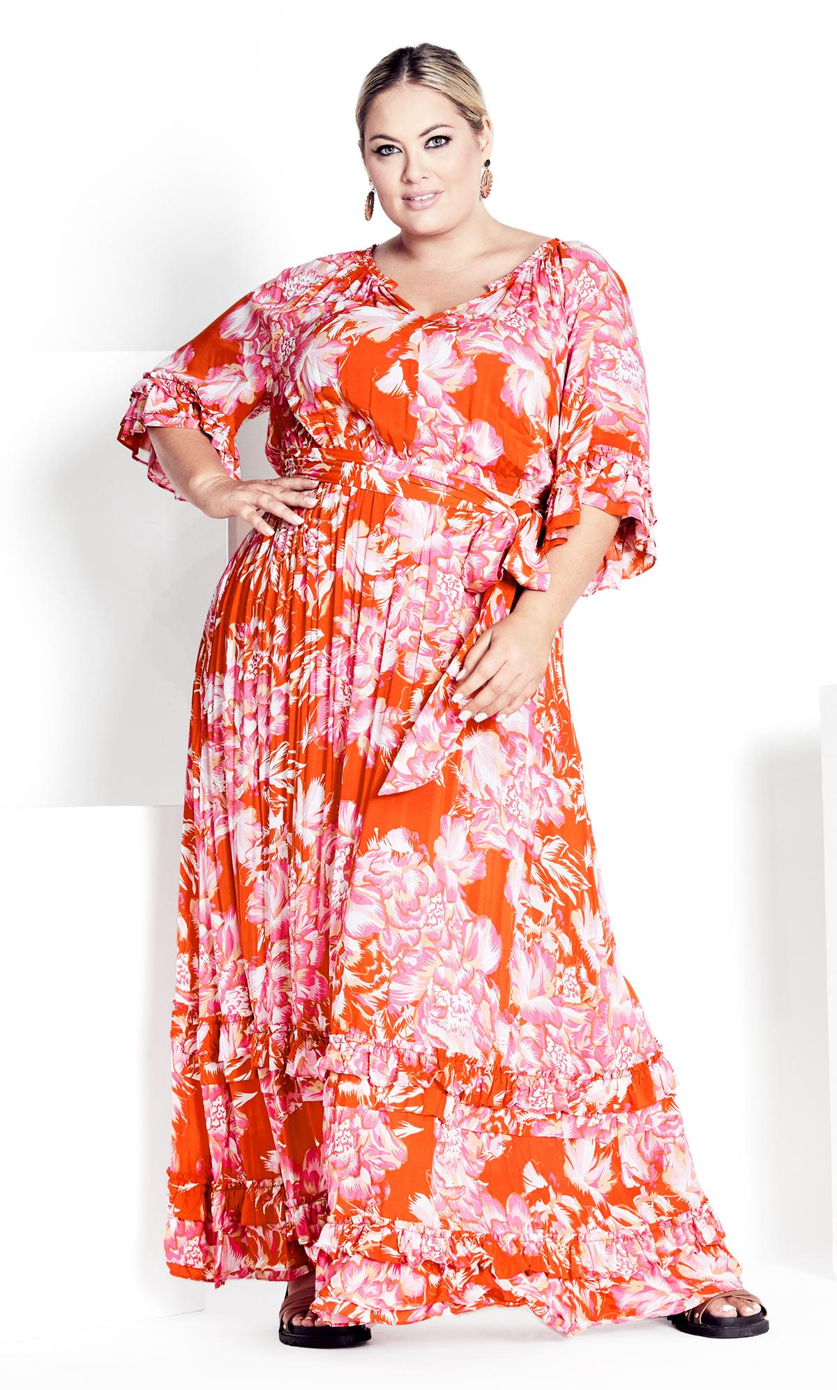 Evans Orange & Pink Floral Frill Smock Maxi Dress 1