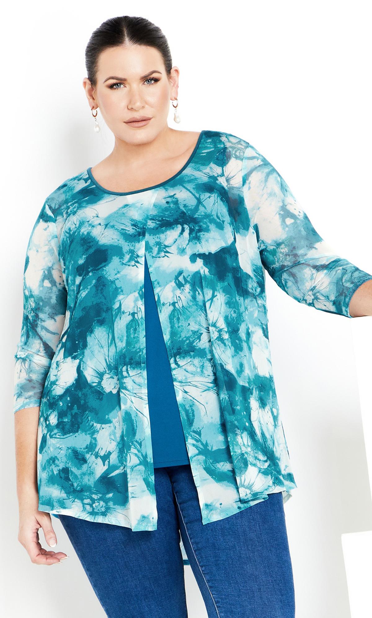 Evans Blue Abstract Floral Open Front Blouse 2