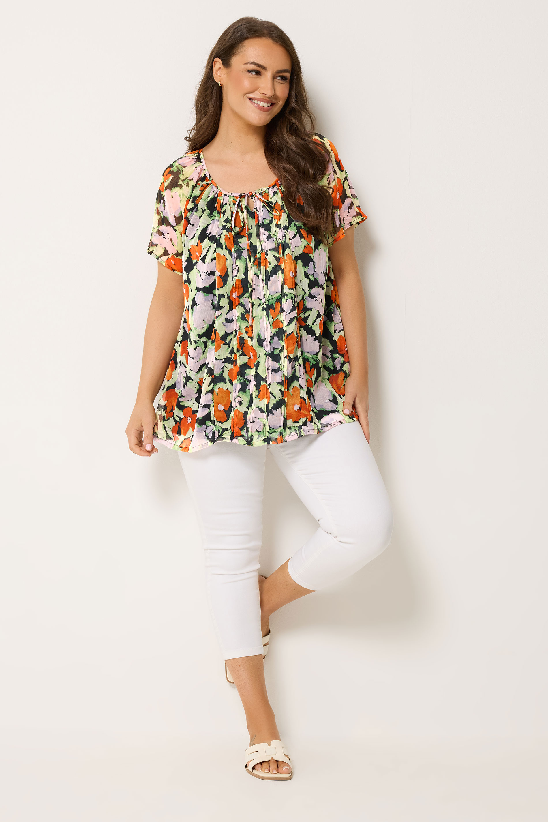 YOURS Plus Size Orange & Pink Floral Pintuck Blouse | Yours Clothing 1