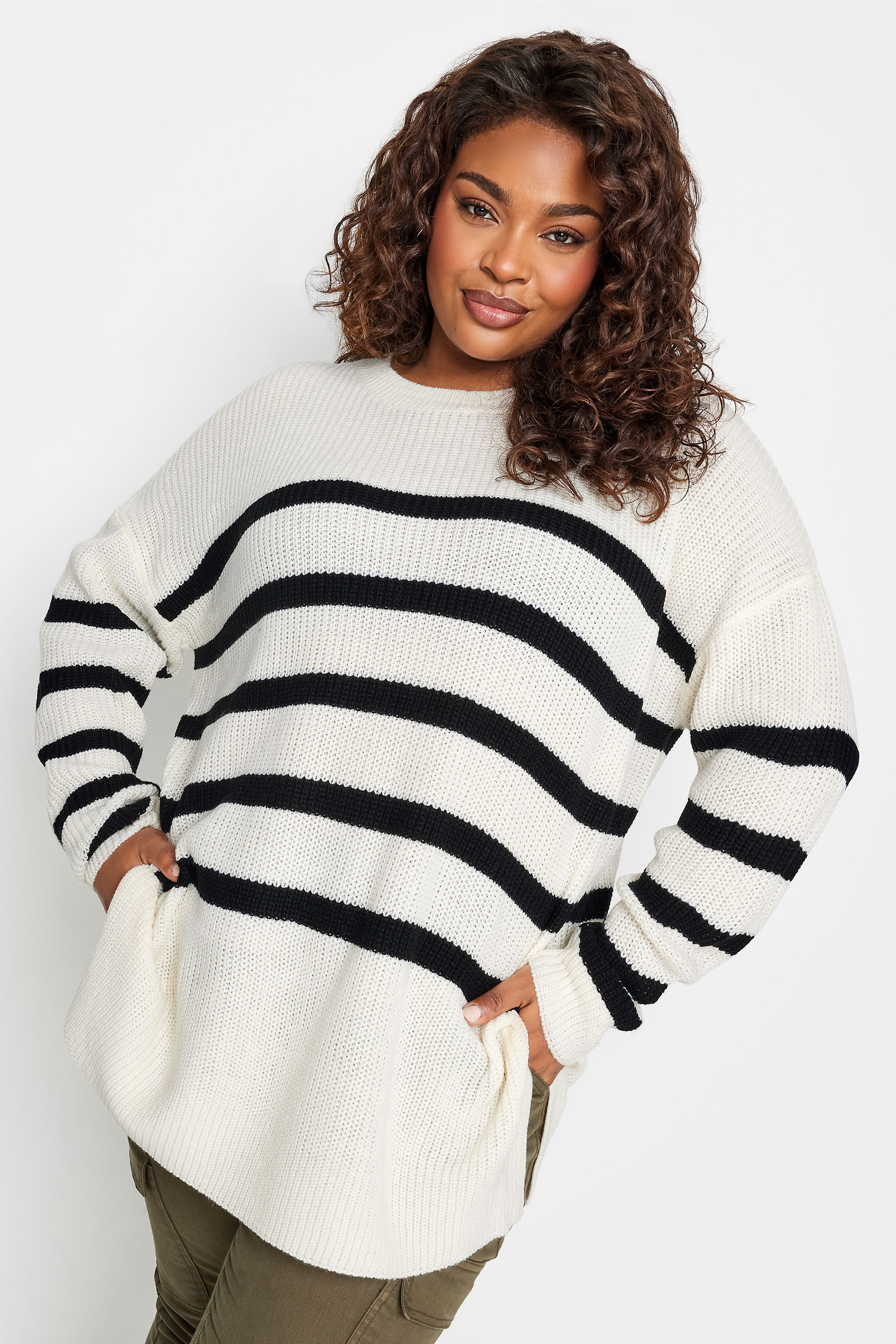 YOURS Plus Size White Stripe Side Split Knitted Jumper | Yours Clothing 2