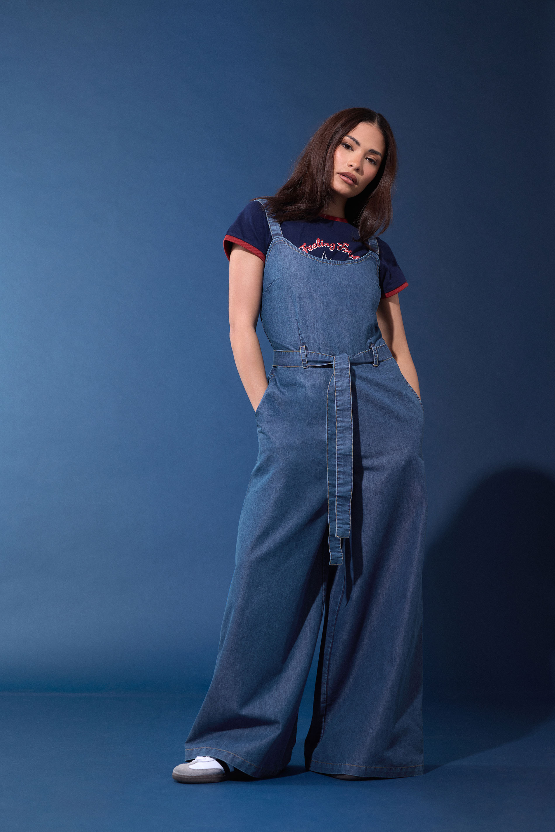 PixieGirl Petite Women's Blue Denim Wide Leg Jumpsuit | PixieGirl 1
