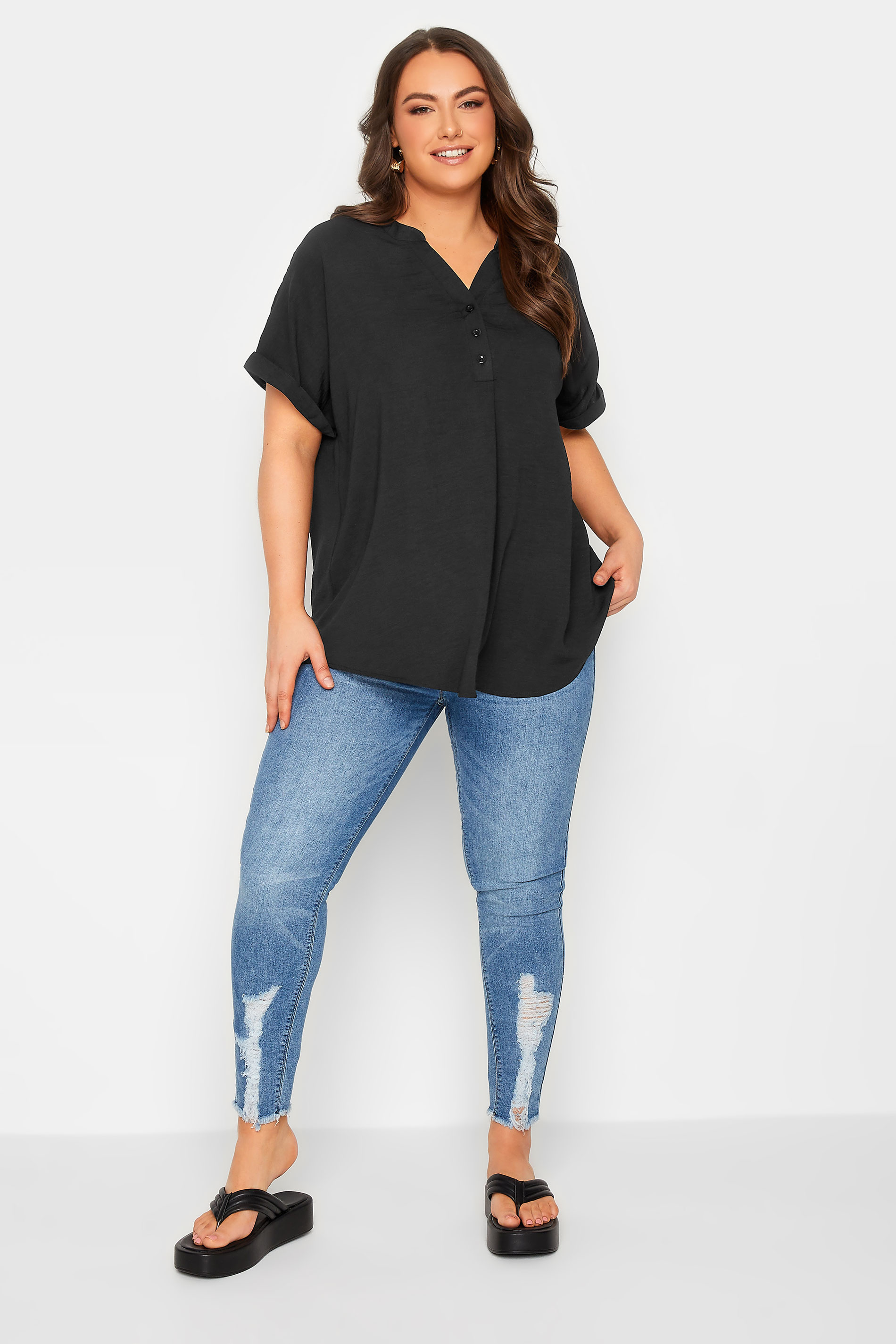 YOURS Plus Size Black Half Placket Short Sleeve Blouse | Yours Clothing 2