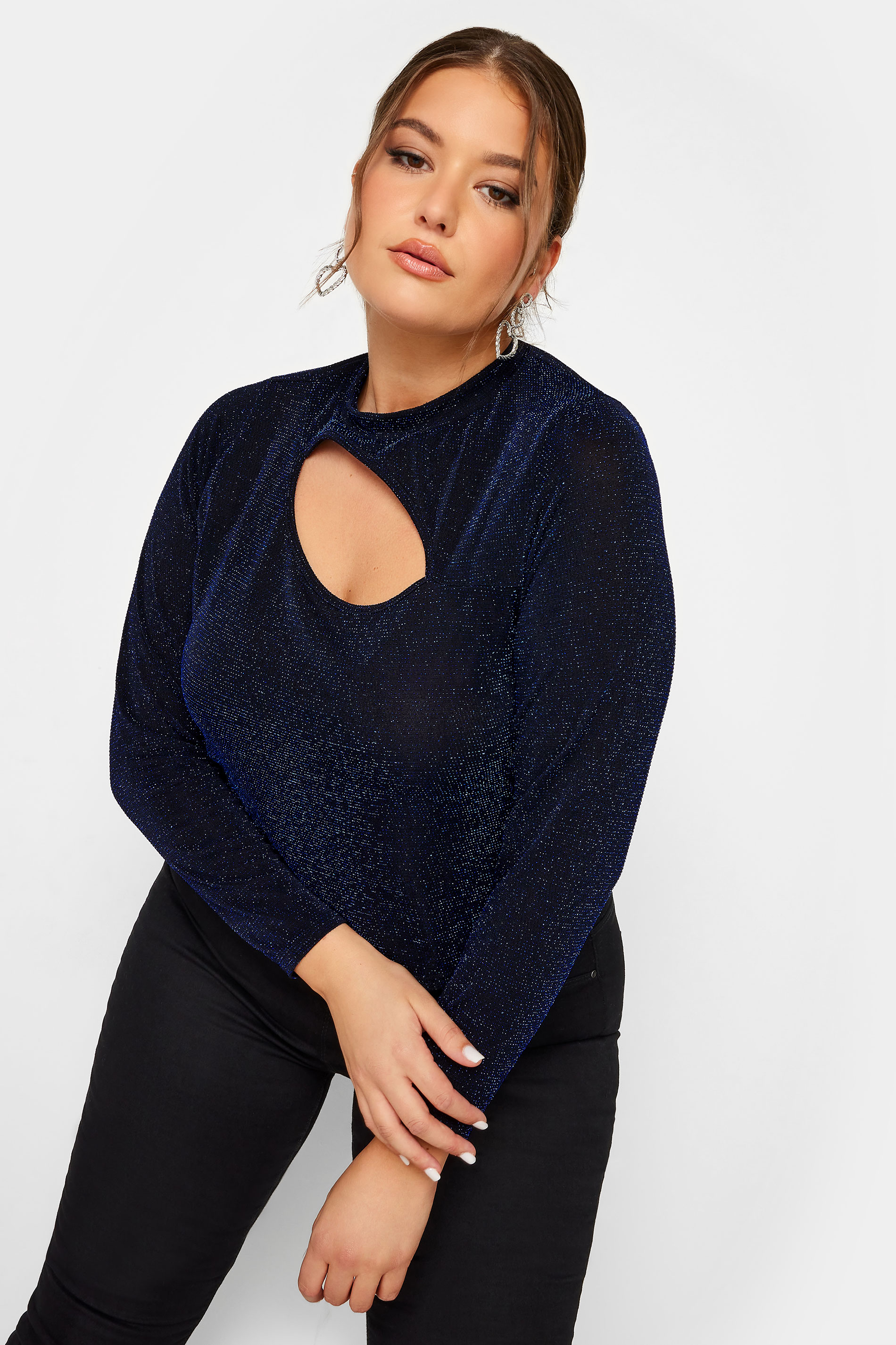 LIMITED COLLECTION Plus Size Blue Glitter Cut Out Crop Top | Yours Clothing 1