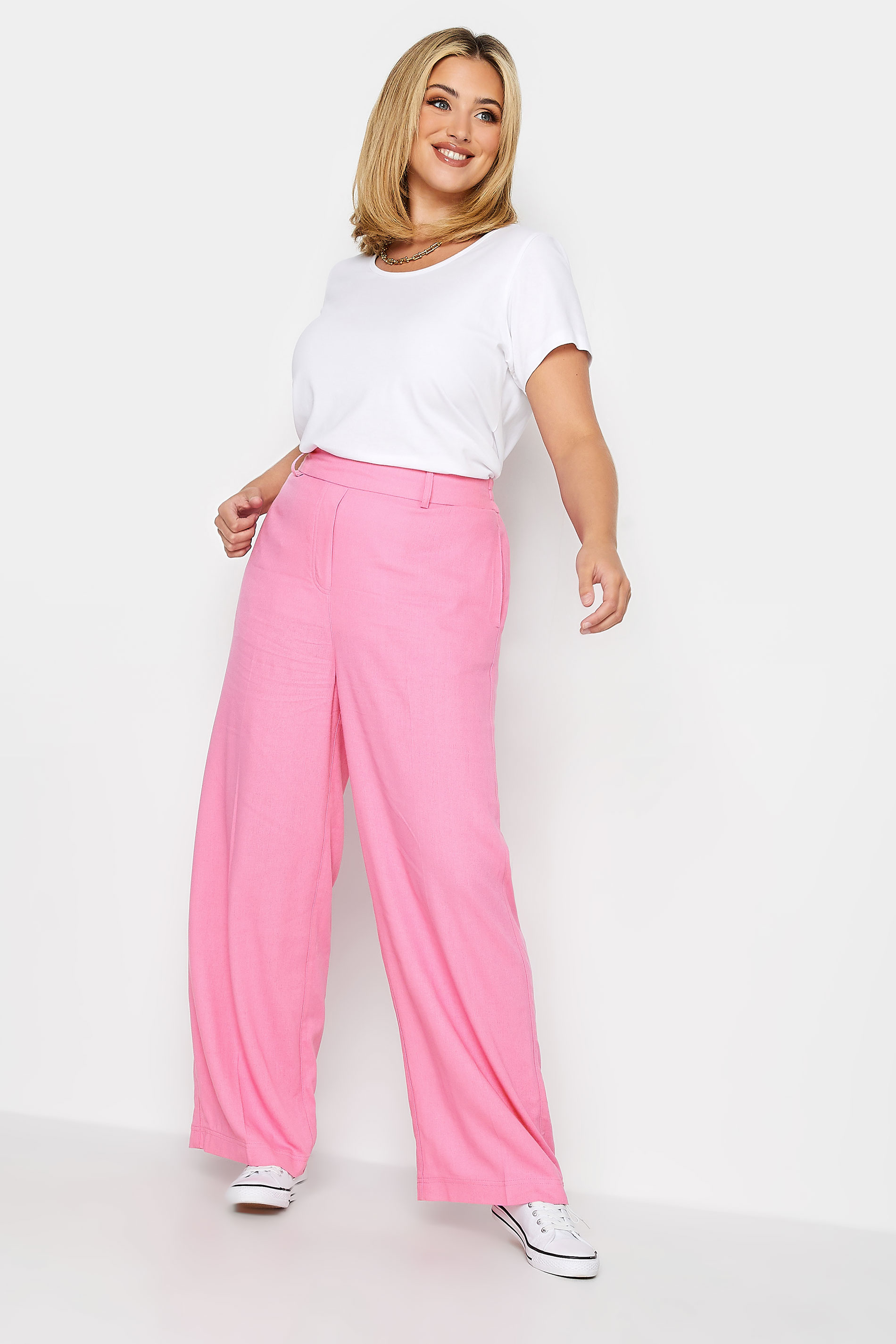 YOURS Plus Size Curve Pink Linen Blend Wide Leg Trousers | Yours Clothing  3