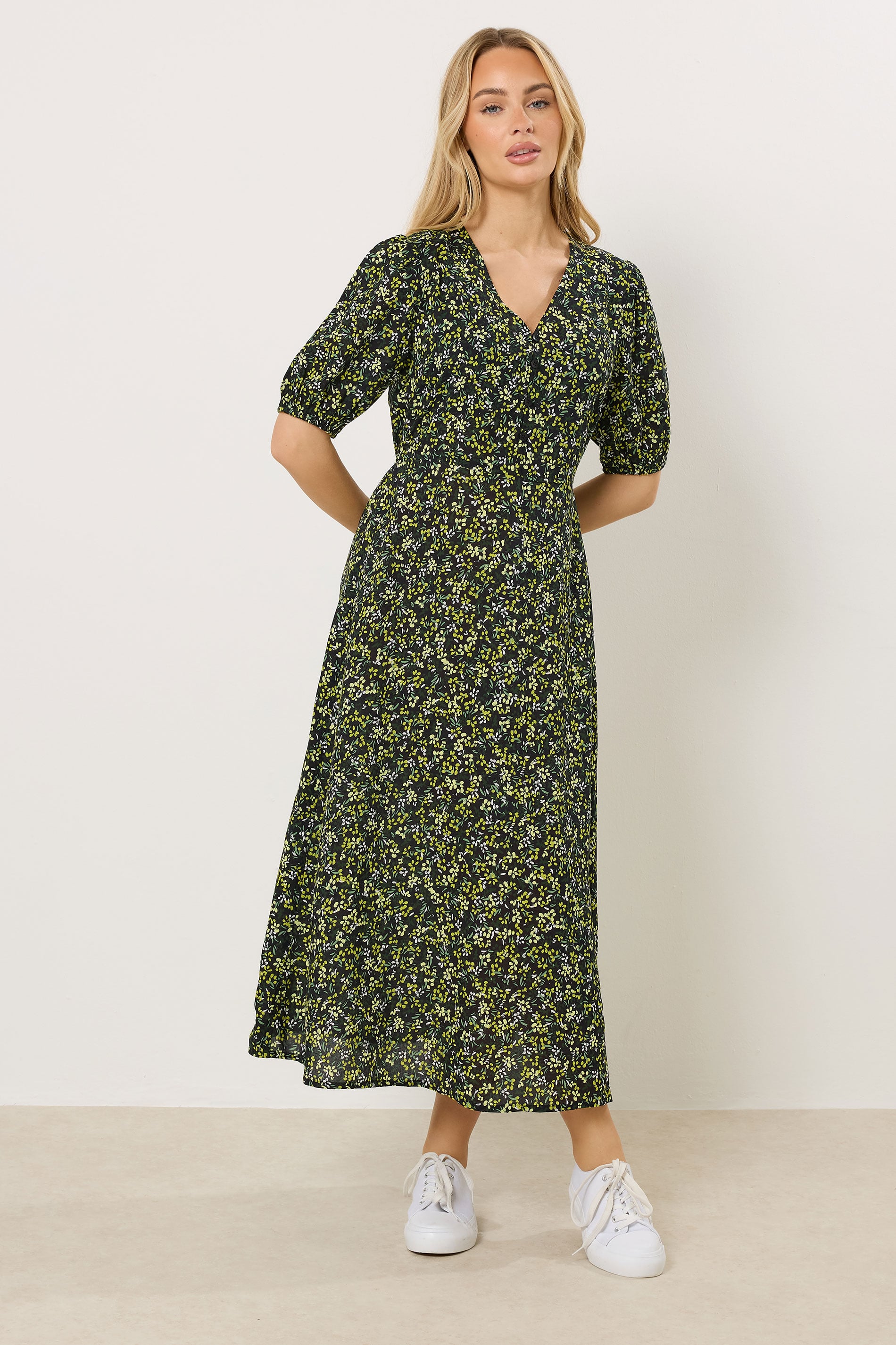 M&Co Green Ditsy Floral Puff Sleeve Midi Dress | M&Co 1