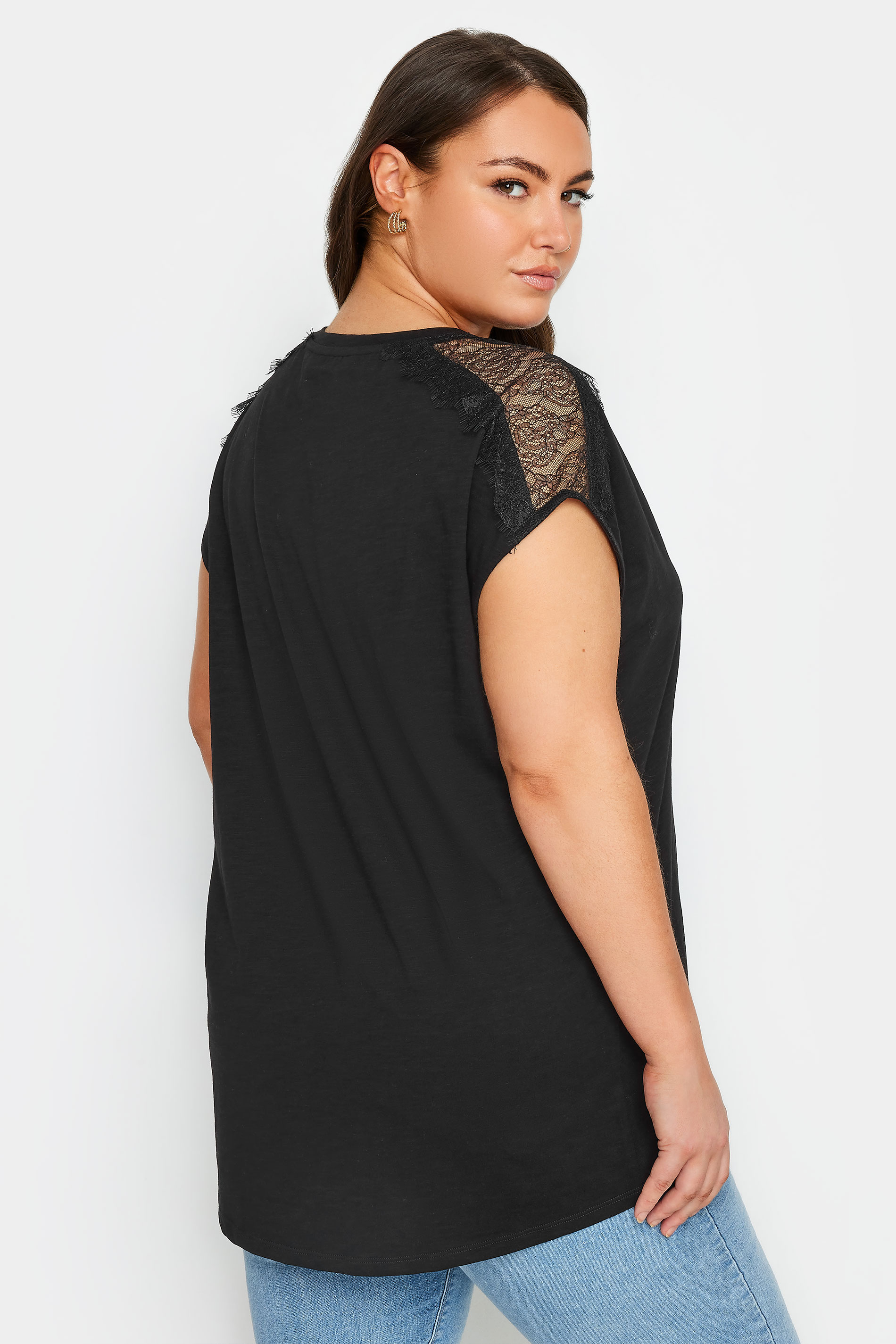 YOURS Plus Size Black Lace Shoulder T-Shirt | Yours Clothing 3