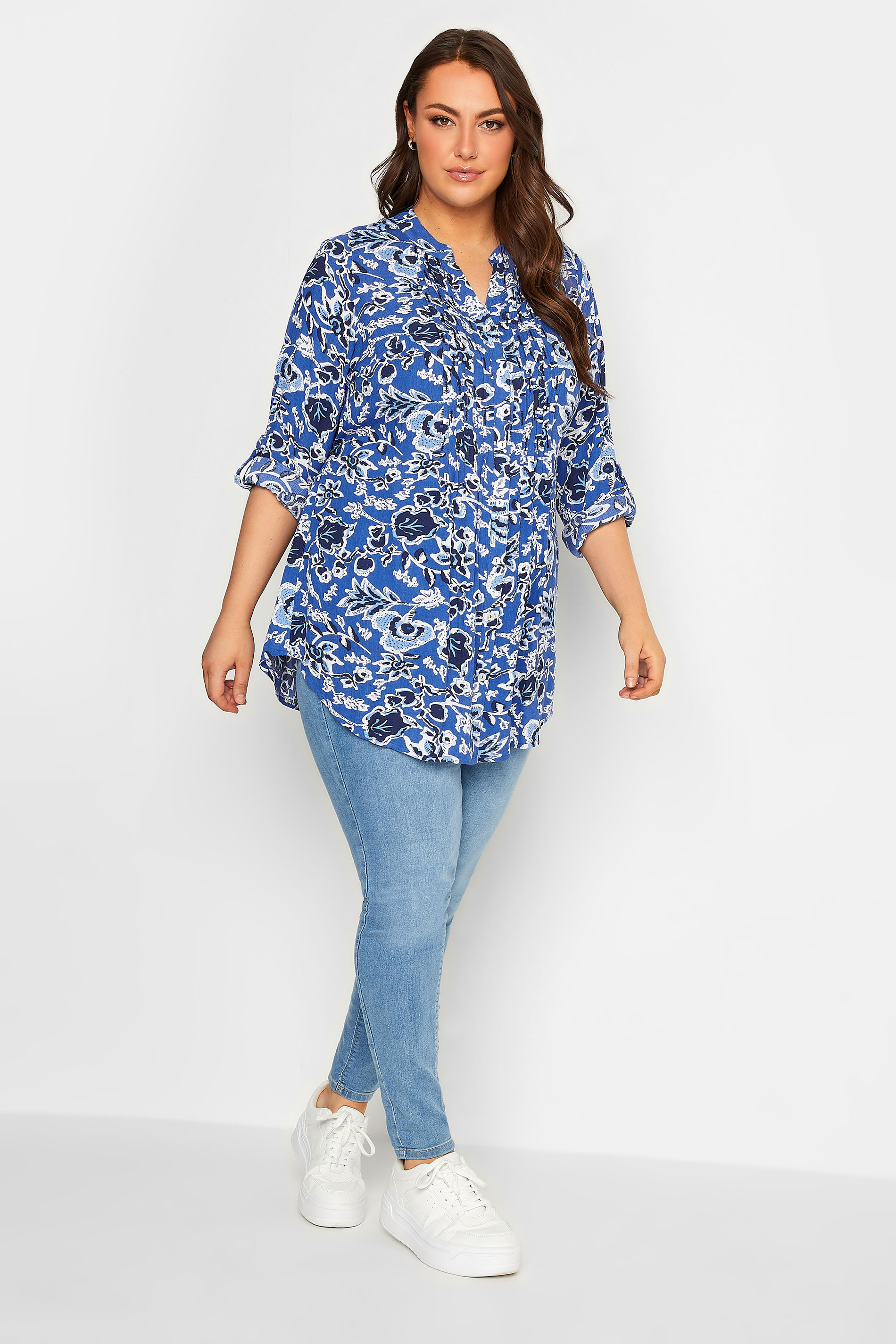 YOURS Plus Size Blue Floral Pintuck Shirt | Yours Clothing 2