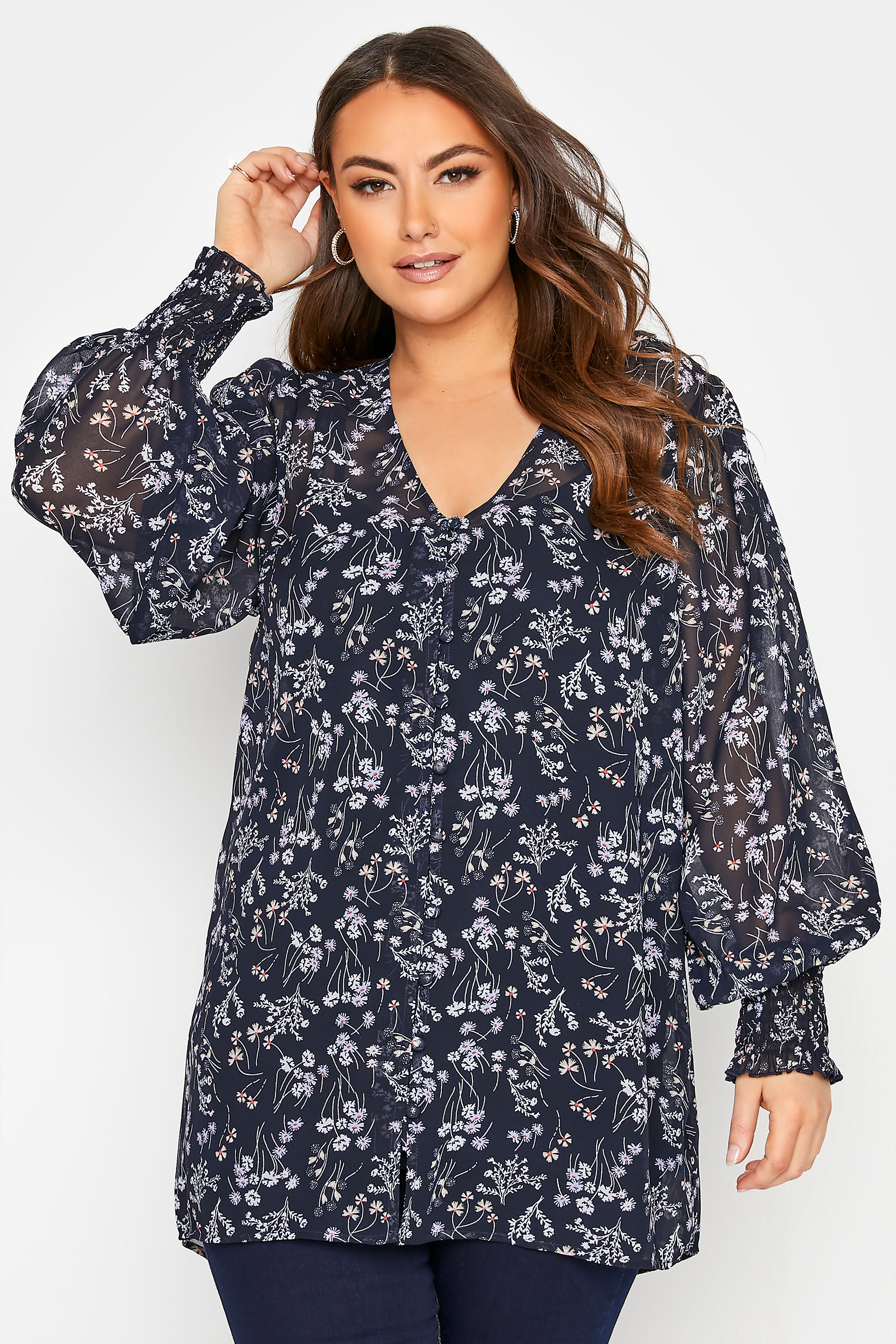 YOURS LONDON Plus Size Navy Blue Floral Print Balloon Sleeve Blouse ...