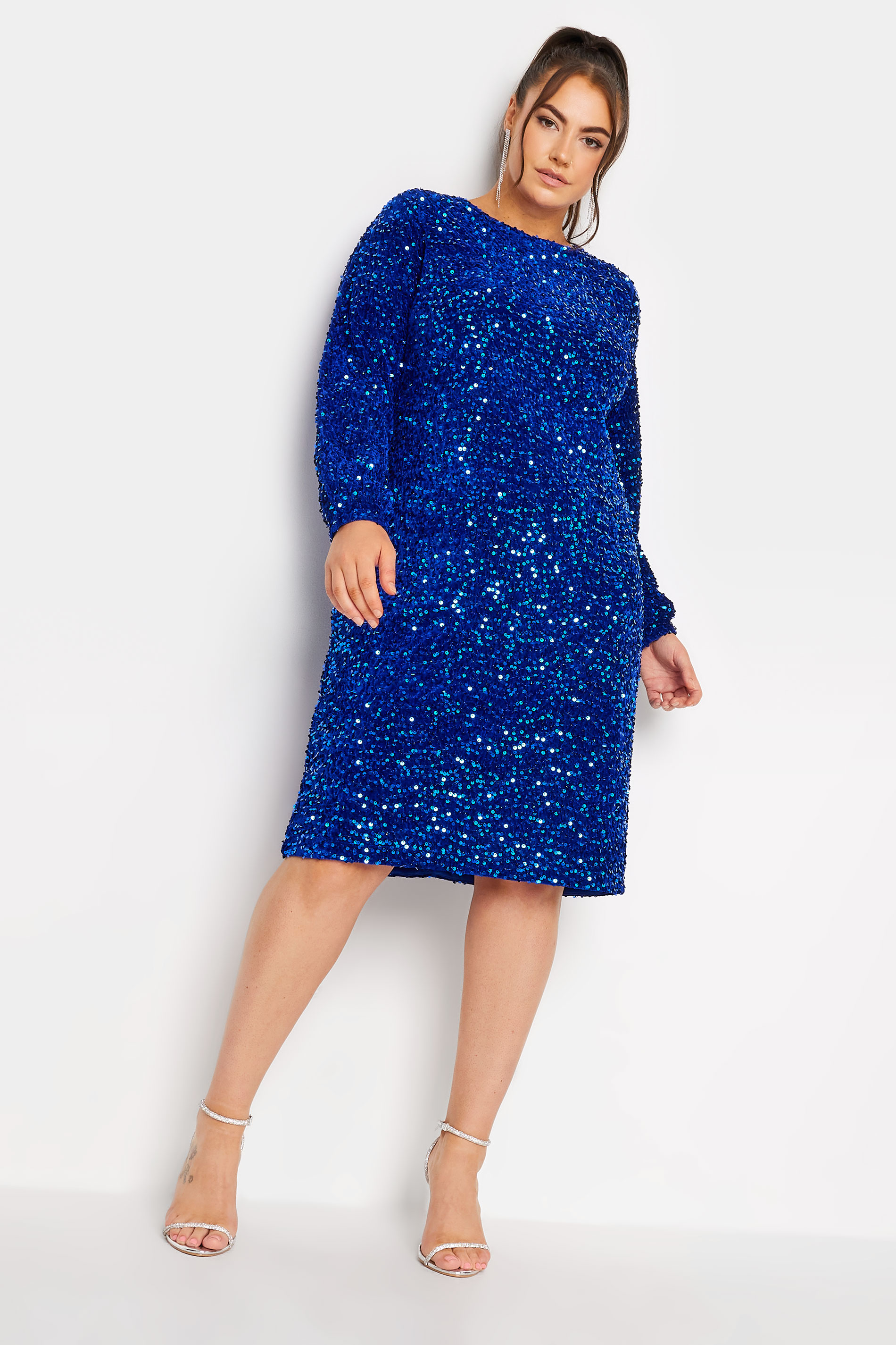 YOURS LONDON Plus Size Cobalt Blue Long Sleeve Sequin Shift Dress | Yours Clothing 1