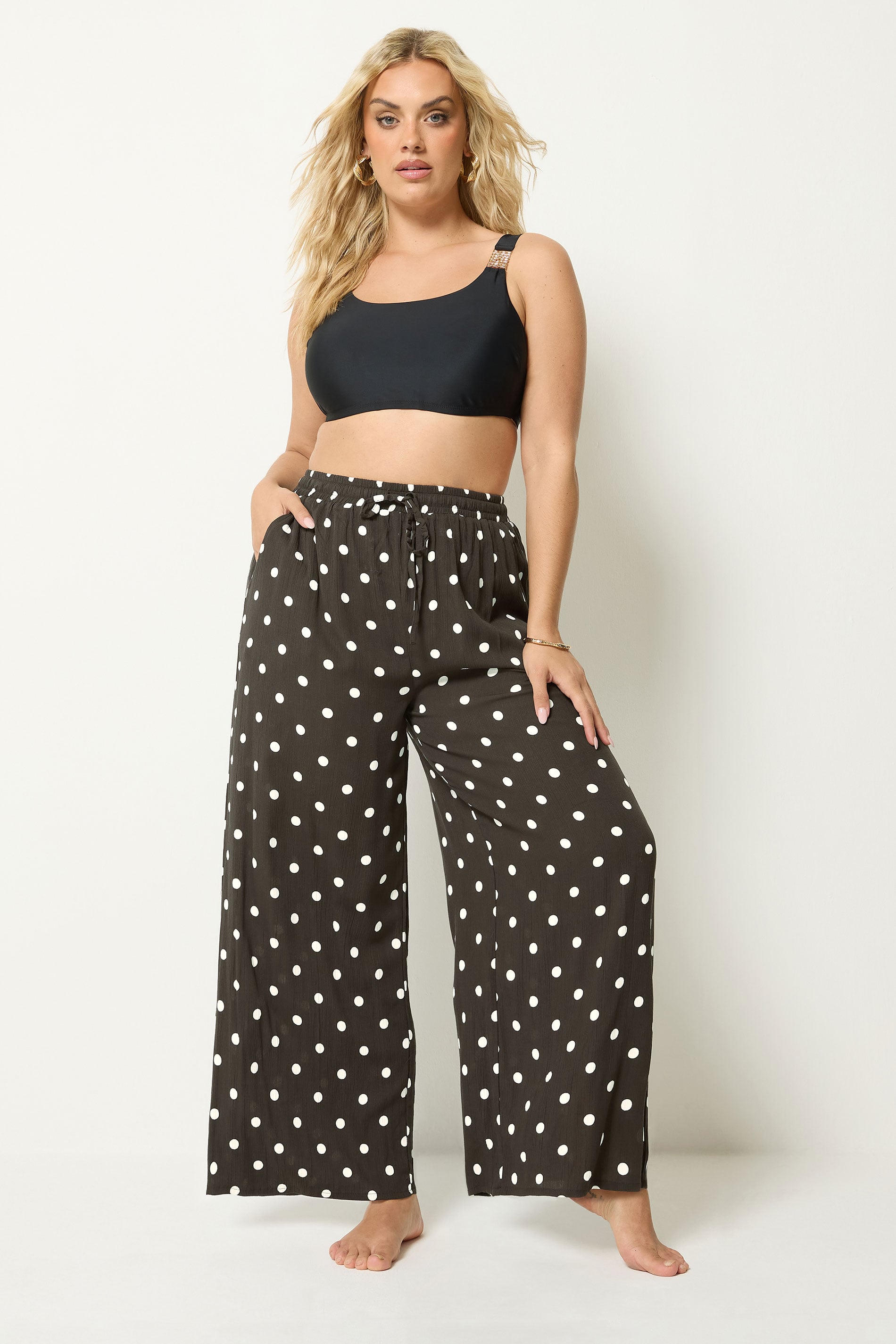 YOURS Plus Size Brown Polka Dot Crinkle Beachwear Wide Leg Trousers | Yours Clothing 3