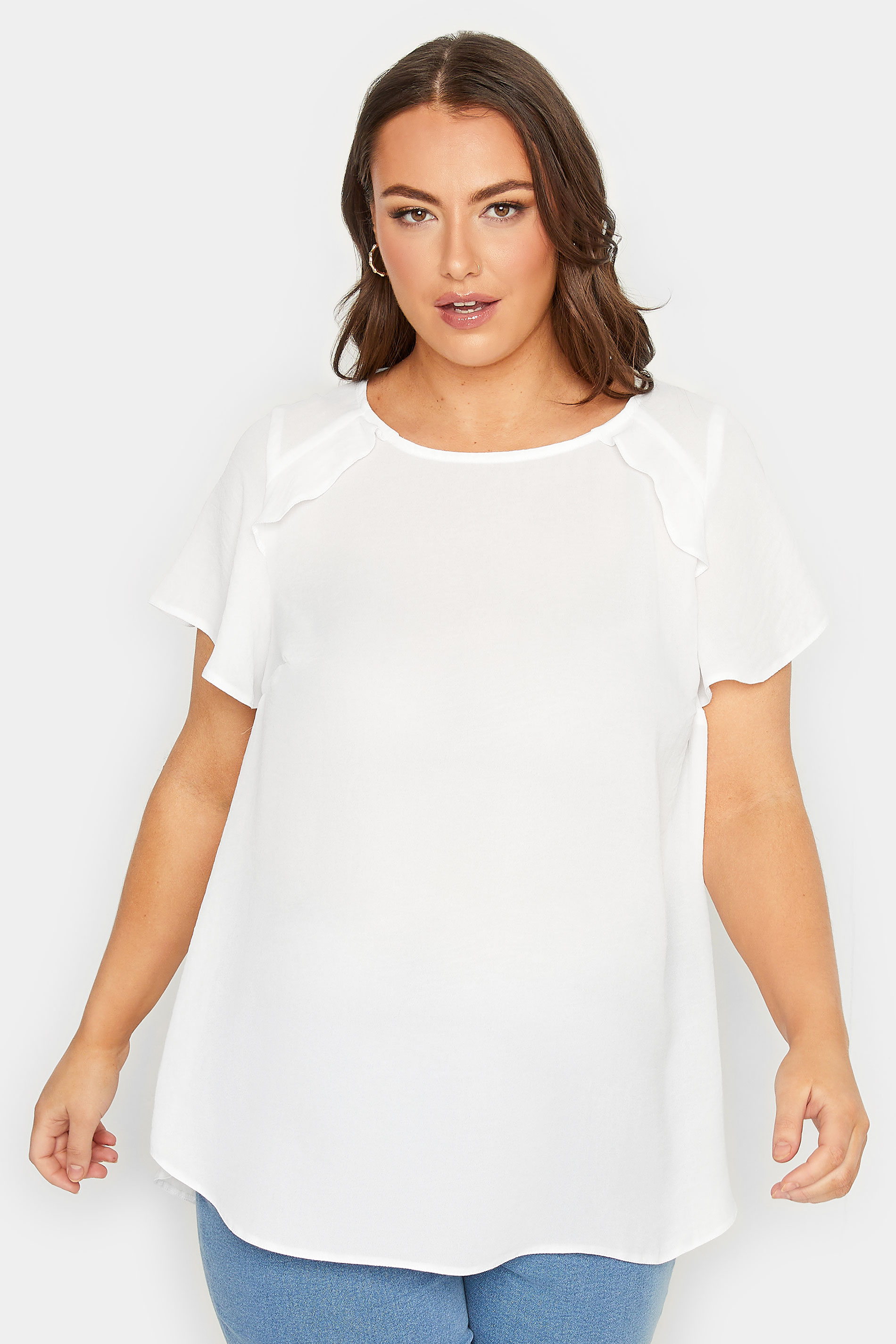 YOURS Plus Size White Frill Short Sleeve Blouse | Yours Clothing 1