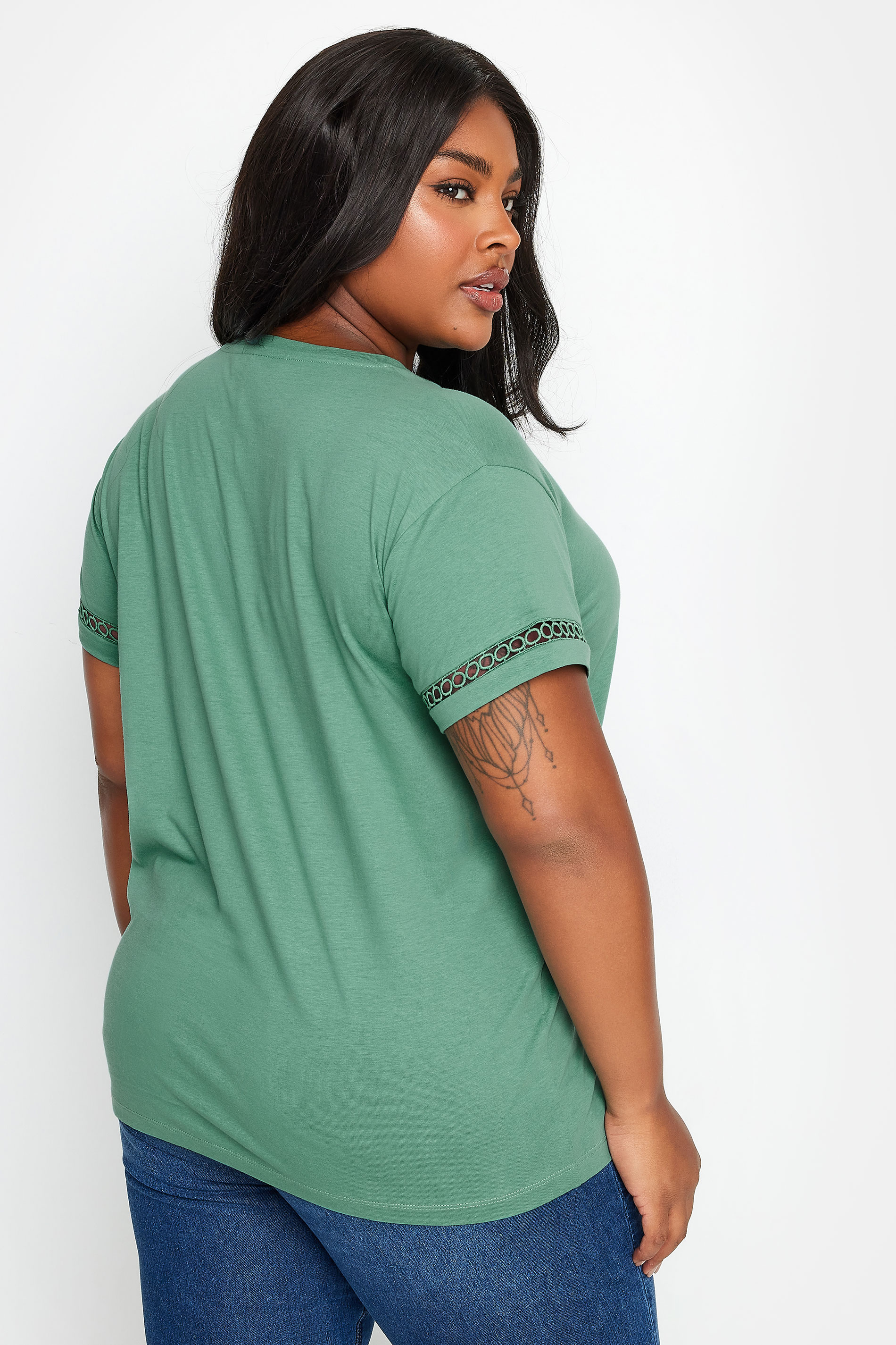 LIMITED COLLECTION Plus Size Green Crochet Trim Short Sleeve T-Shirt | Yours Clothing 3