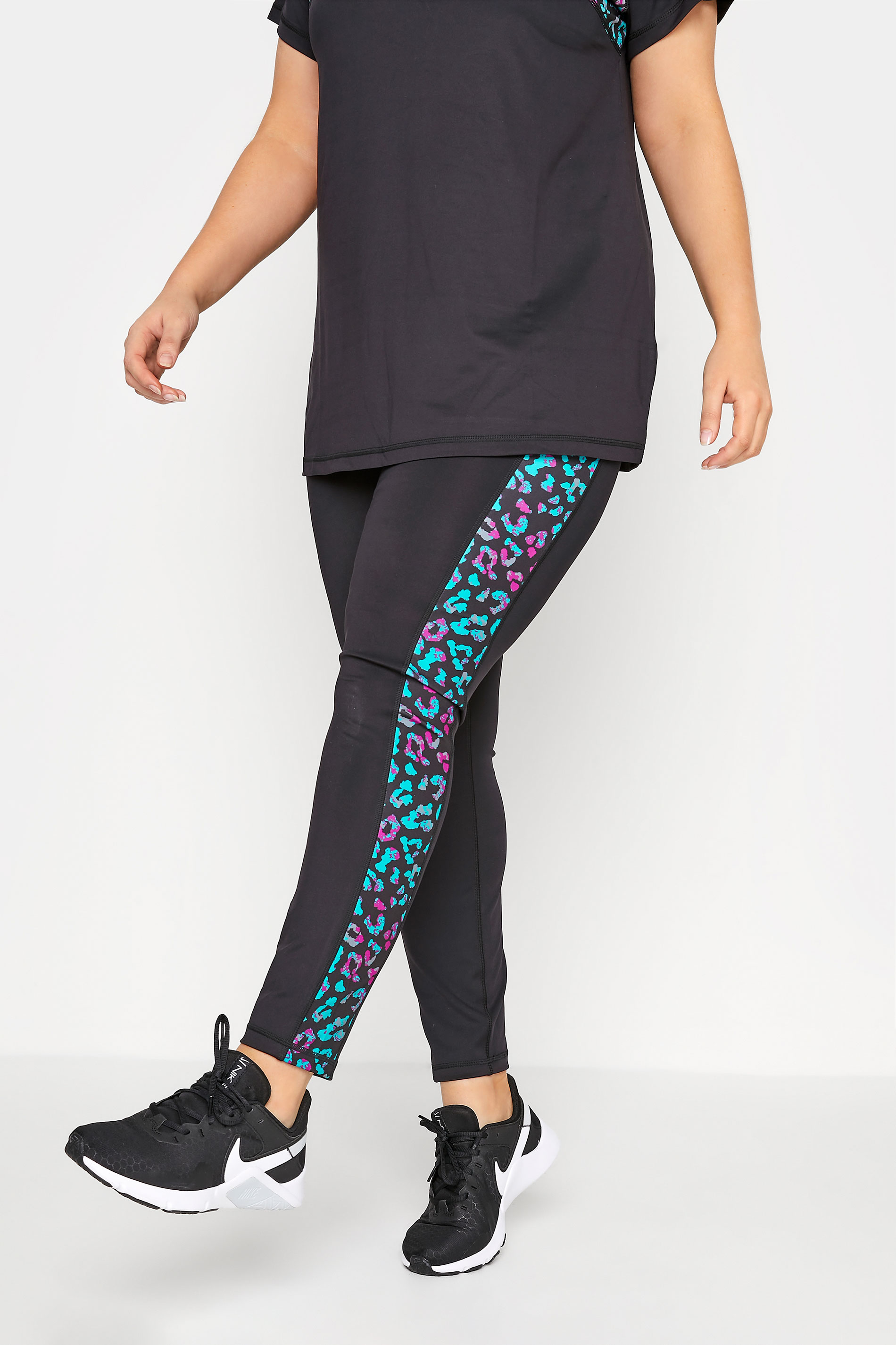 ACTIVE Plus Size Black Leopard Print Side Panel High Waisted Leggings | Yours Clothing 1