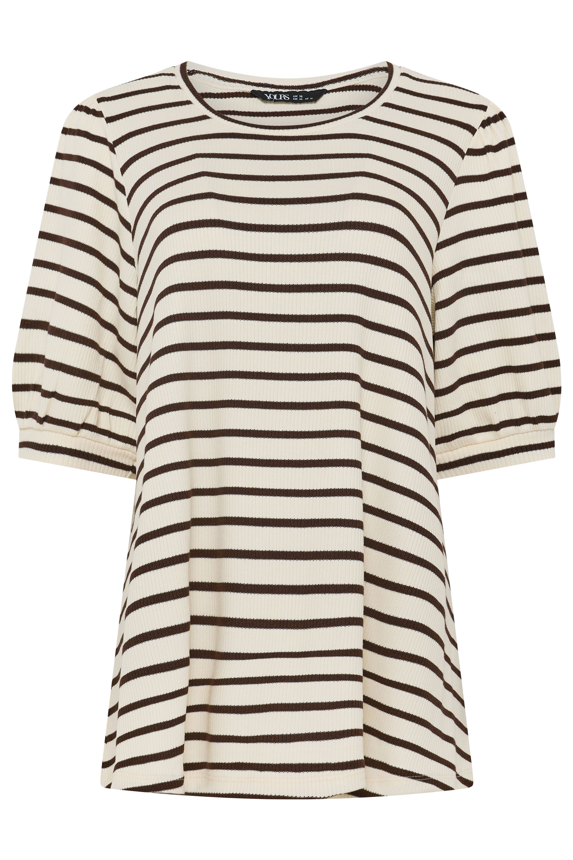 YOURS Plus Size White & Brown Stripe Knitted Puff Sleeve Top | Yours Clothing 5