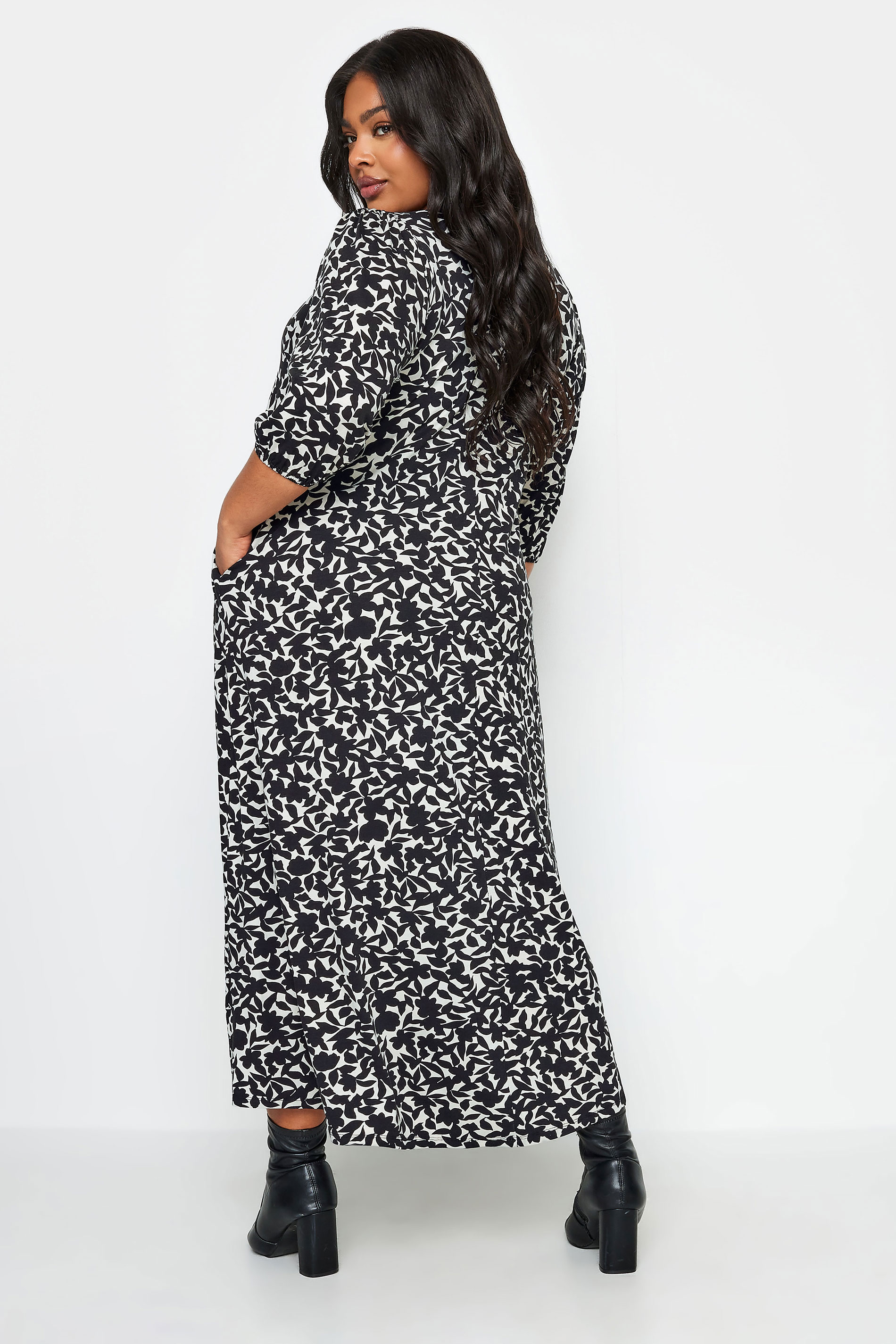 YOURS Plus Size Black & White Floral Print Swing Maxi Dress | Yours Clothing 3