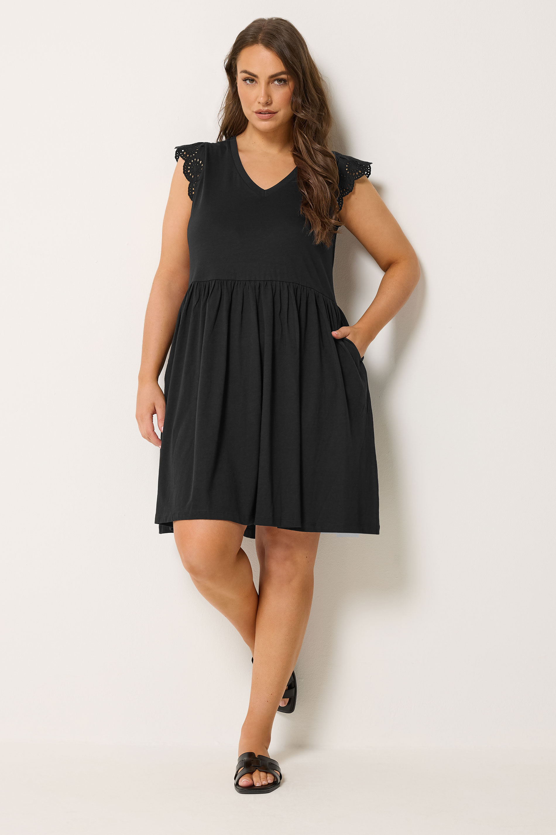 YOURS Plus Size Black Broderie Anglaise Peplum Dress | Yours Clothing 1