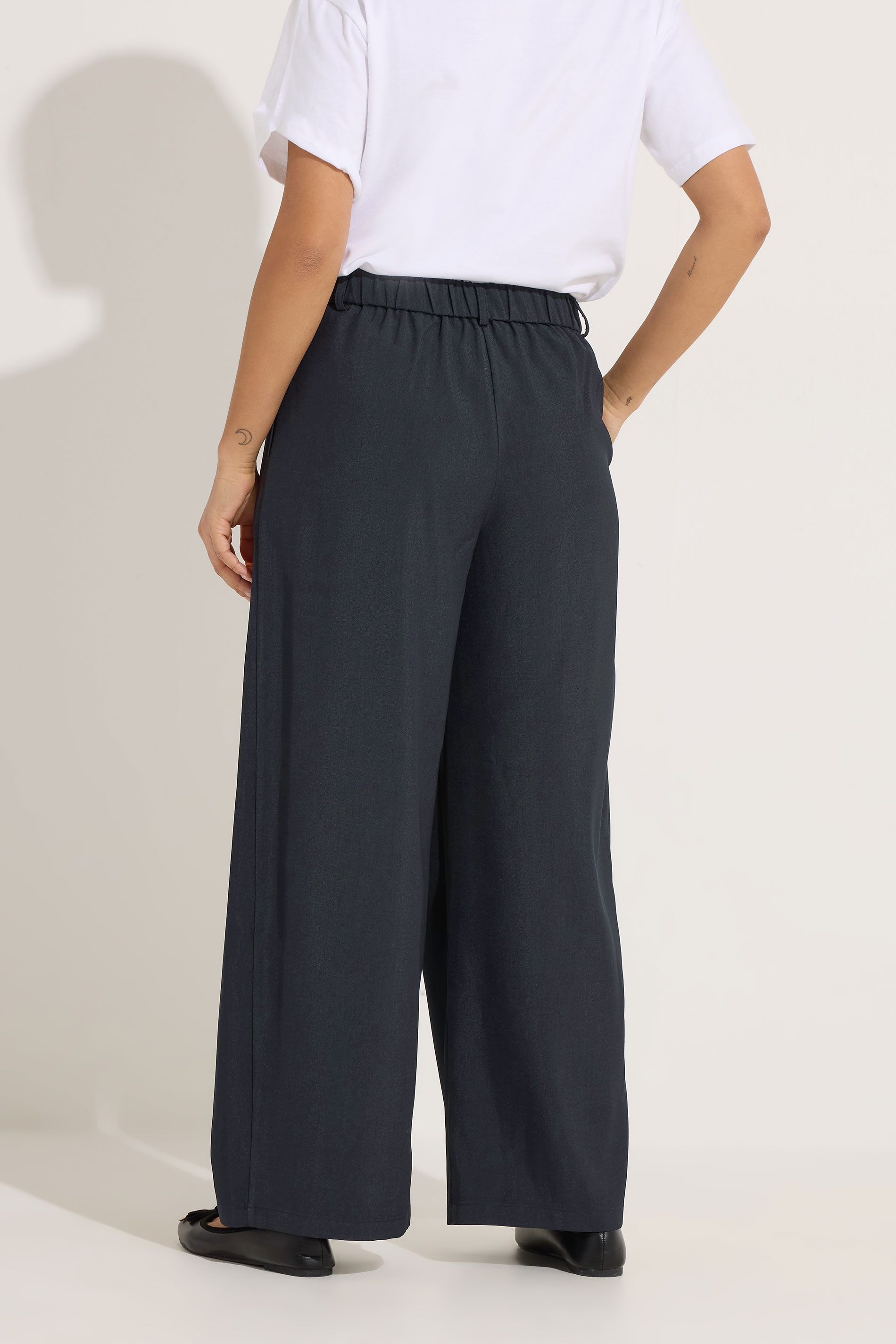 PixieGirl Petite Women's Navy Blue Wrap Pleated Wide Leg Trousers | PixieGirl 2