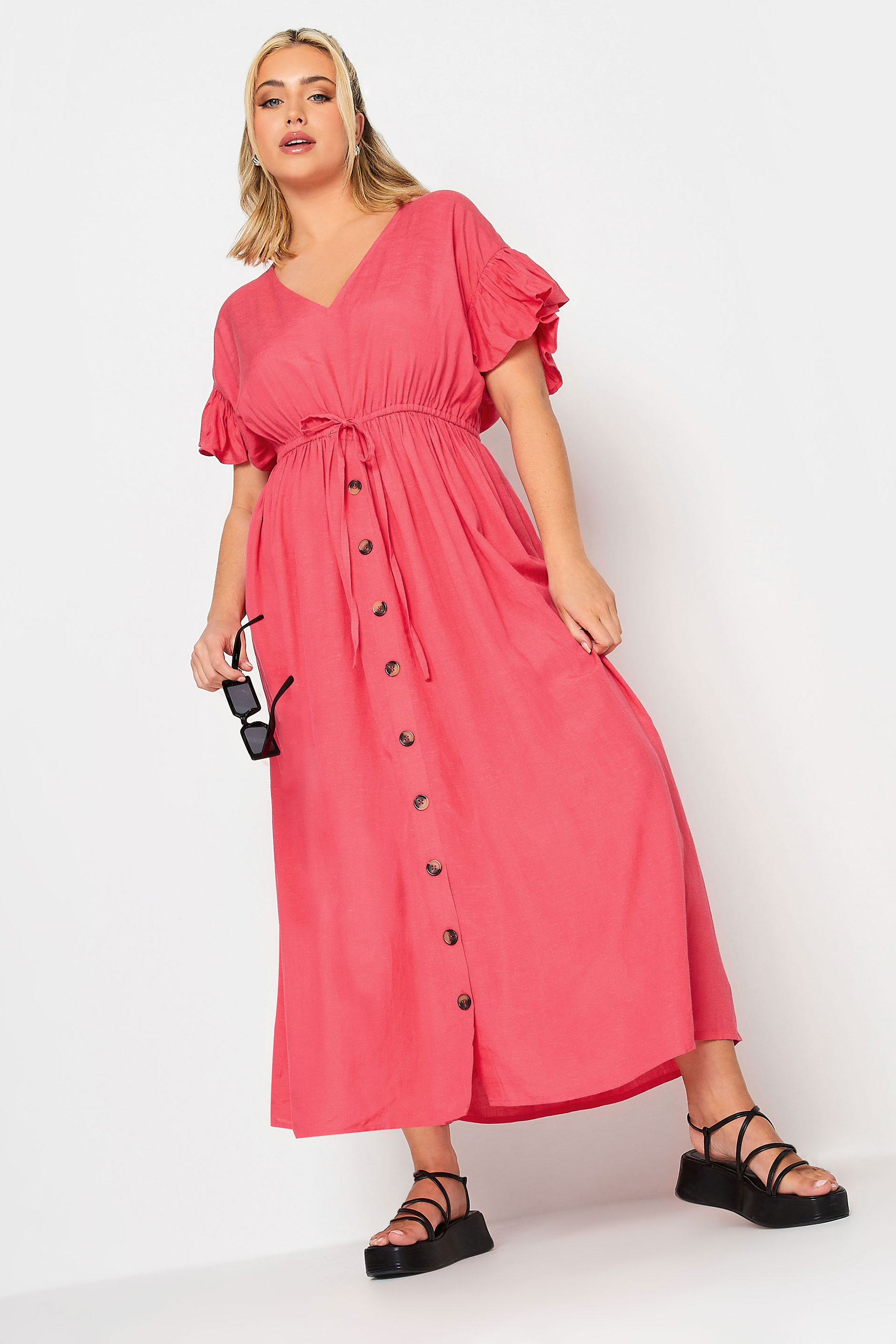 LIMITED COLLECTION Plus Size Coral Pink Frill Sleeve Cotton Maxi Dress | Yours Clothing 1